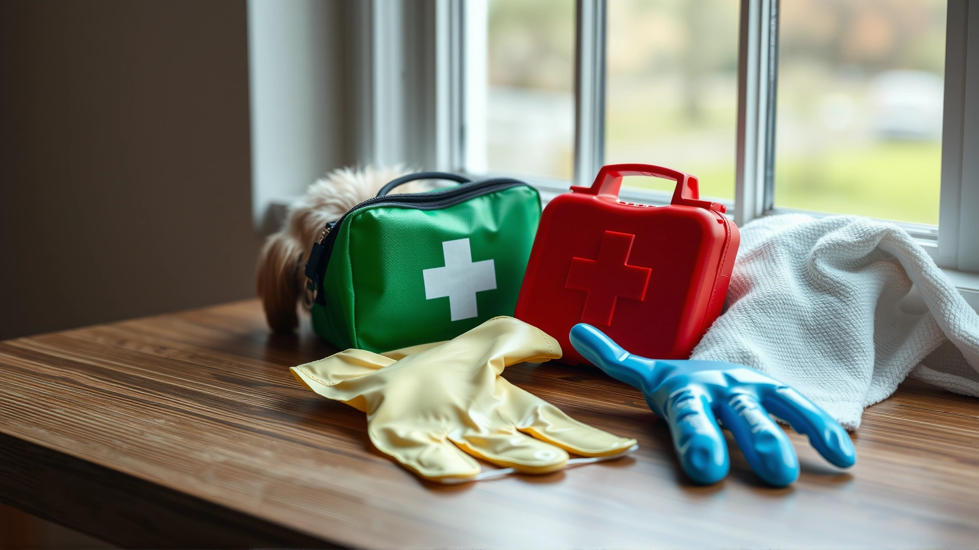 A neatly arranged pet first aid kit, latex gloves, and a rolled towel on a wooden table with soft window light