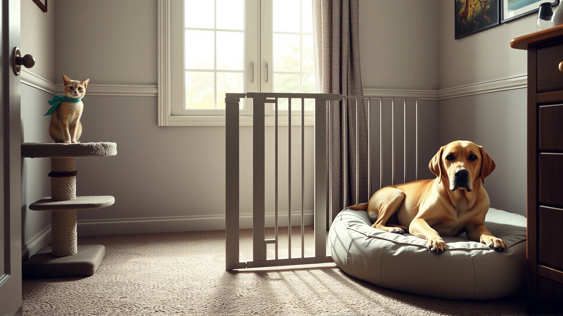Interior shot of a room divided by a baby gate; on one side a curious domestic short-haired cat on a cat tree, on the other a calm Labrador on a dog bed, daylight through window, no text