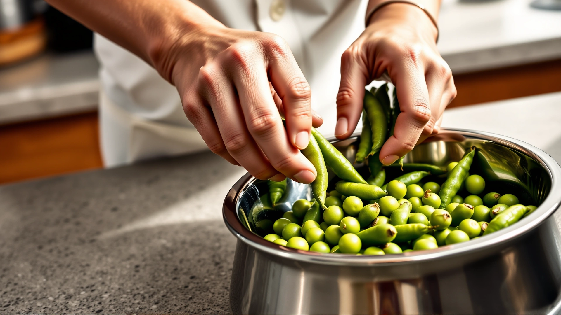 Pair of human hands removing edamame beans from pods into a small stainless steel dog bowl on a kitchen countertop, bright daylight, no text.
