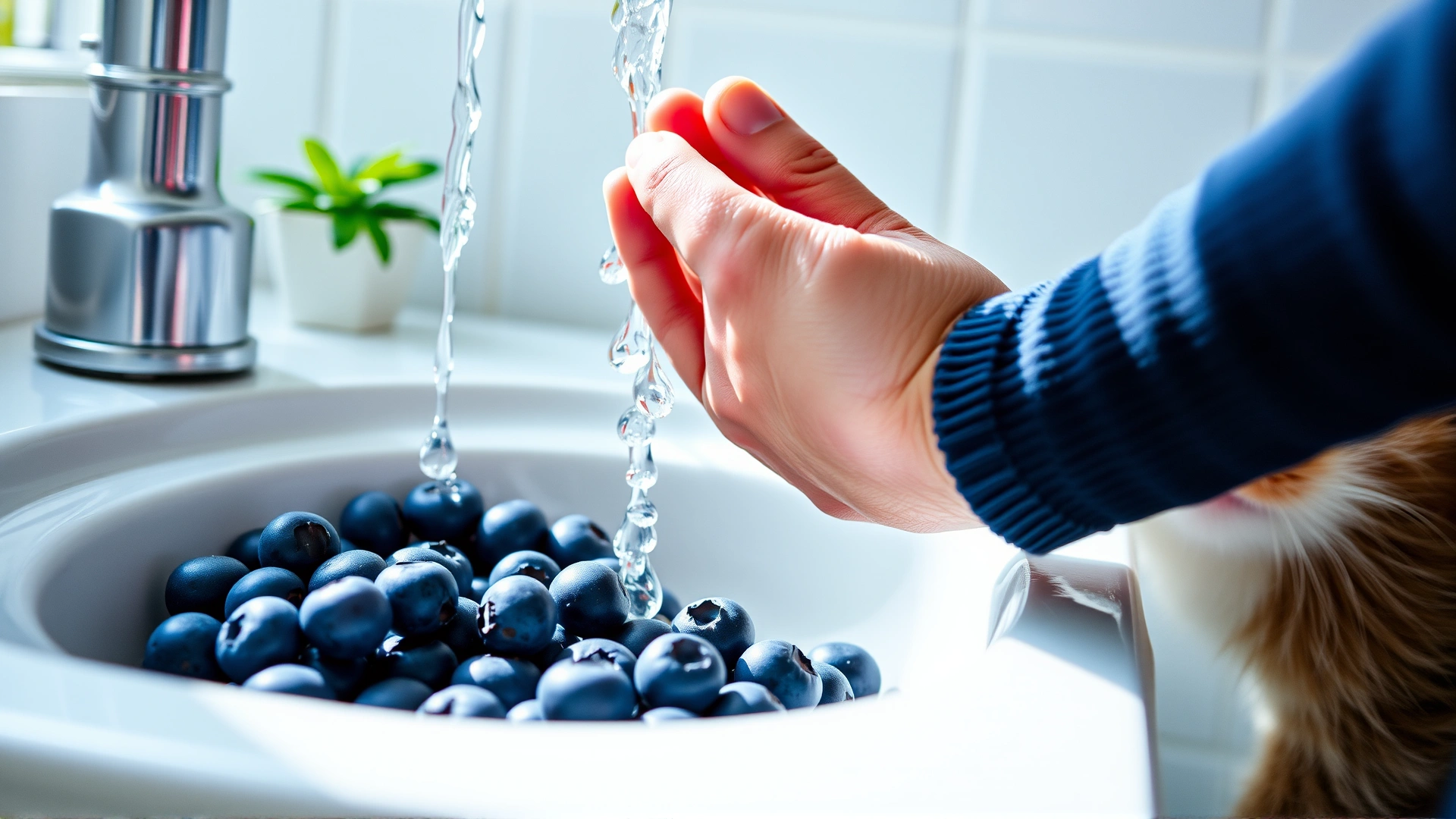 Human hand washing fresh blueberries under running water while a curious cat watches from the sink edge, bright kitchen environment.