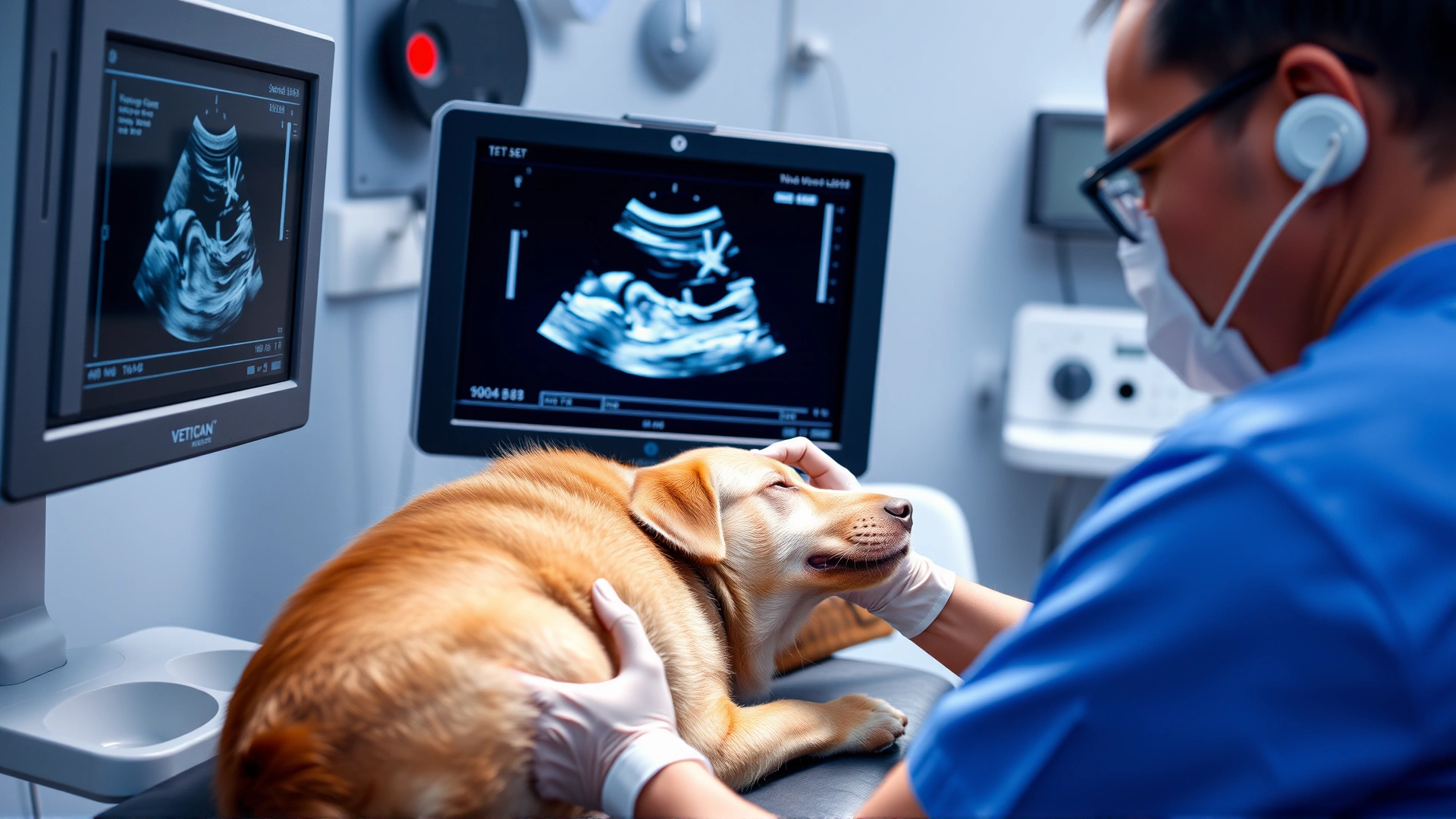 Veterinarian performing an ultrasound on a pregnant dog; the ultrasound monitor is visible but without text, focusing on the procedure.