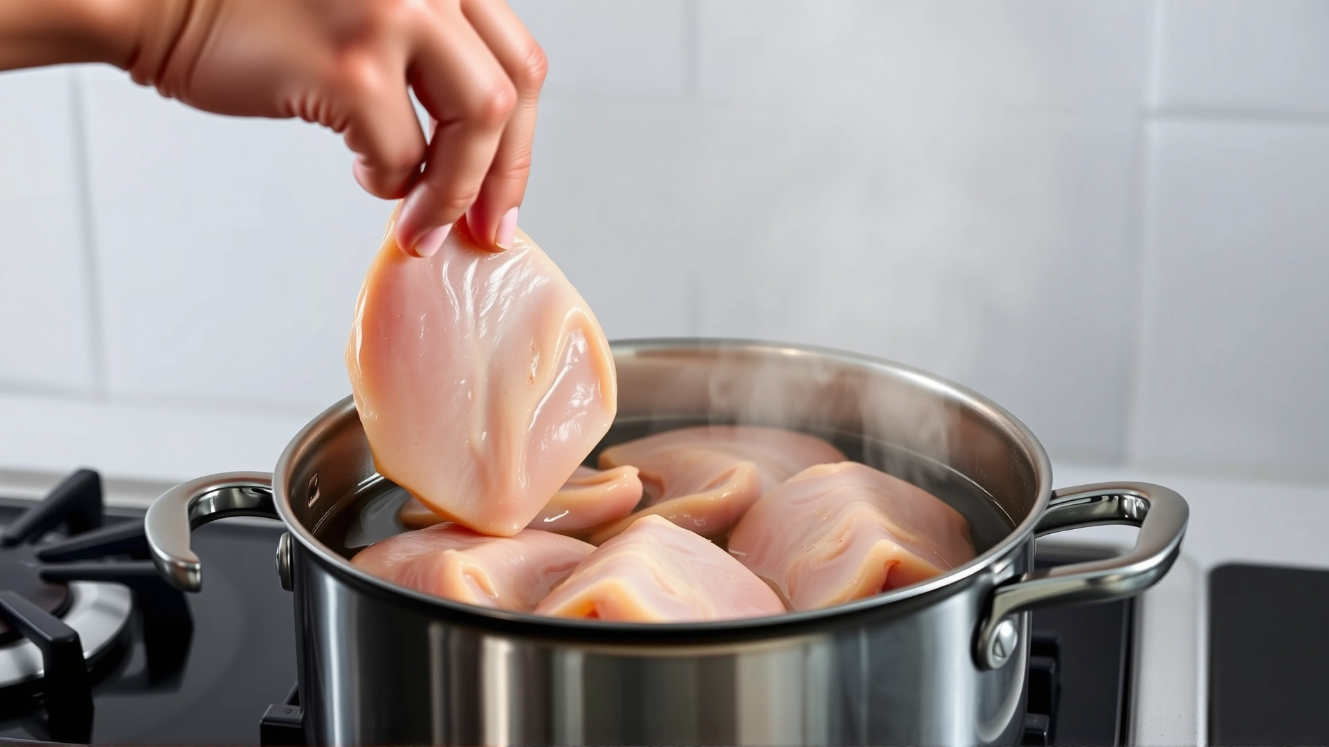 Human hands placing boneless chicken breast pieces into a pot of boiling water on a stove, steam rising, modern kitchen setting, no text