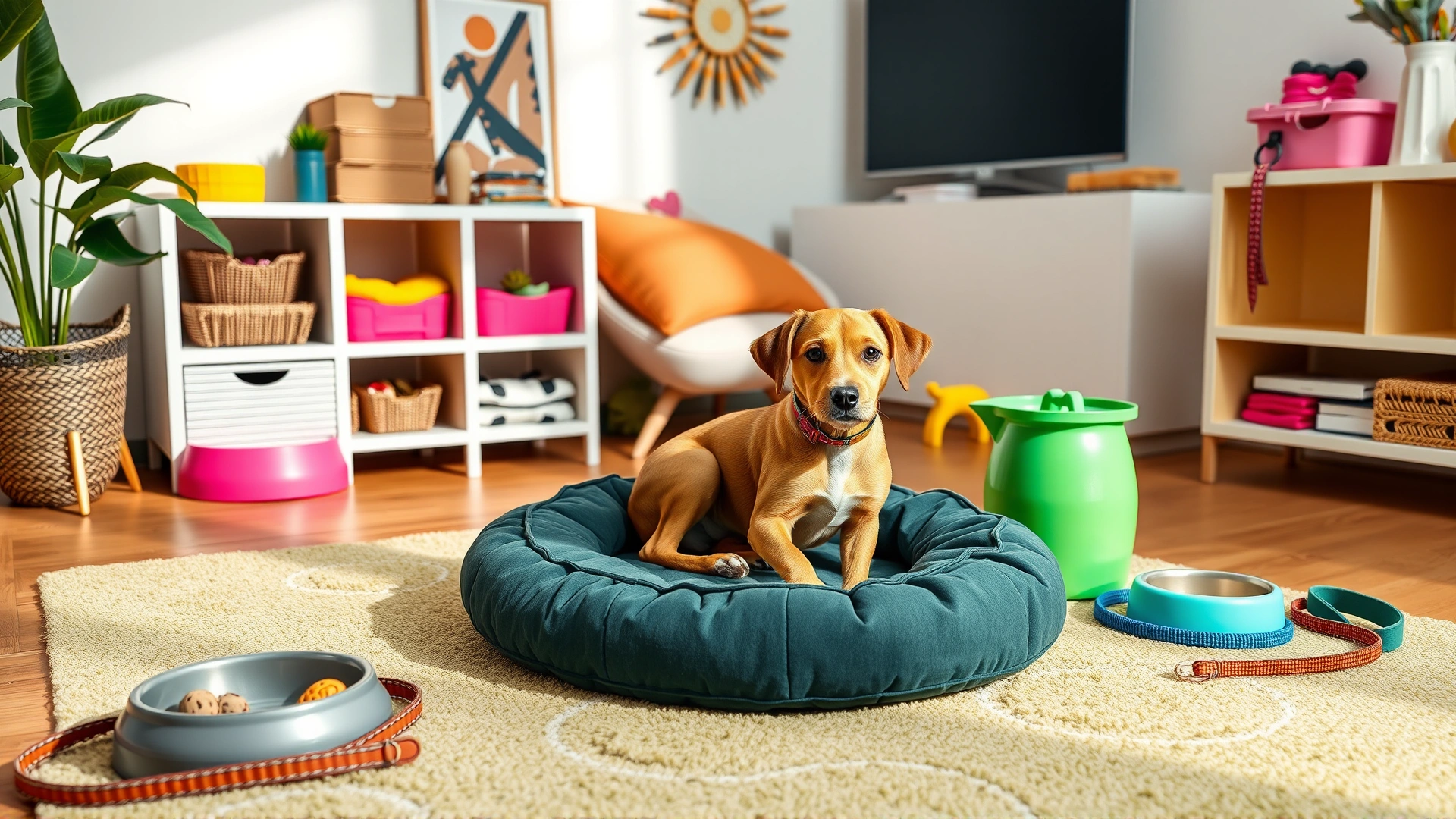 Pet supplies neatly arranged in a modern living room: bed, bowls, toys, leash, bright colors