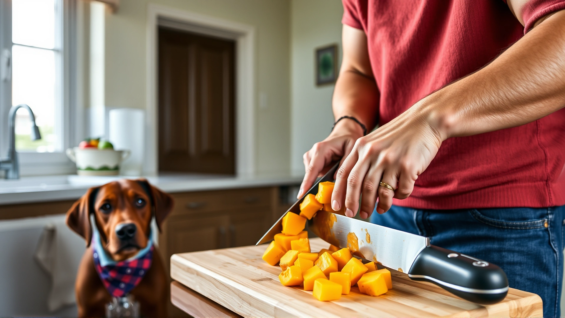 Human cutting pumpkin into small cubes on a chopping board, dog watching curiously in the background, home kitchen, no text