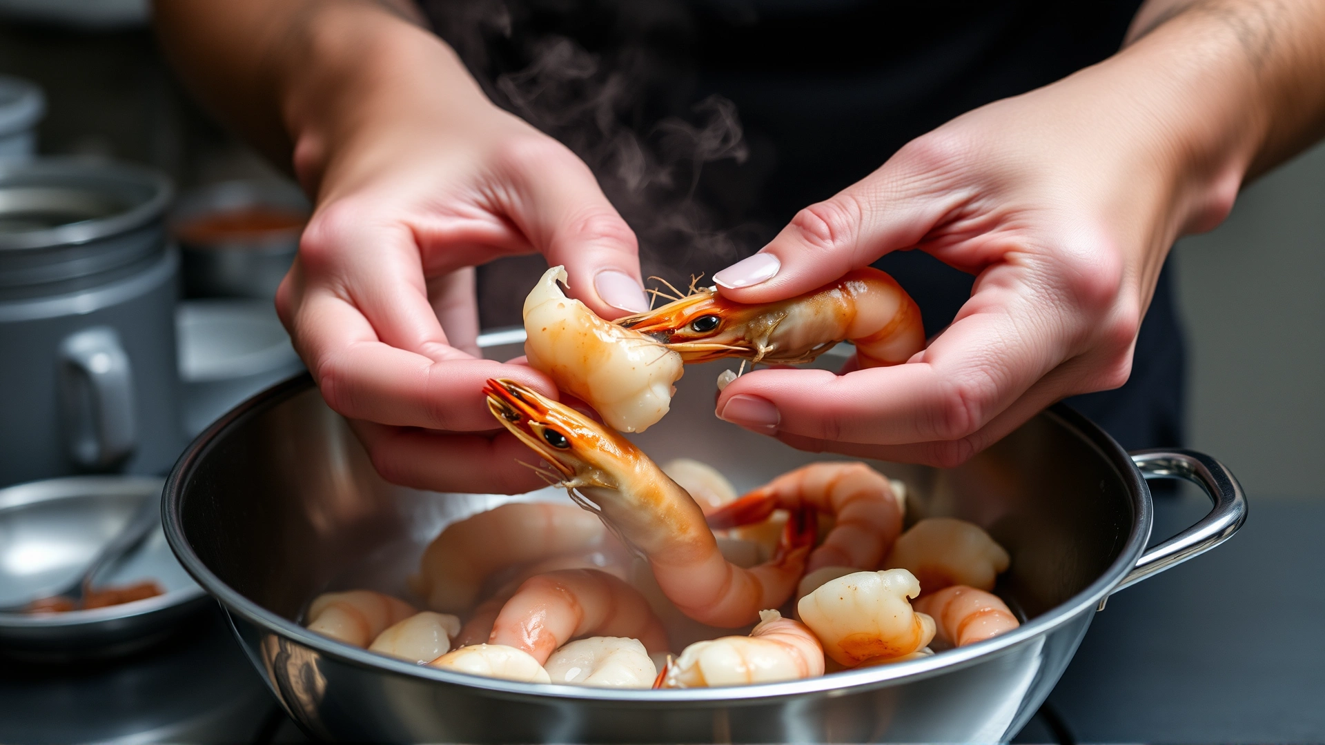 Human hands removing shells from boiled shrimp over a stainless steel bowl, steam rising, kitchen setting.