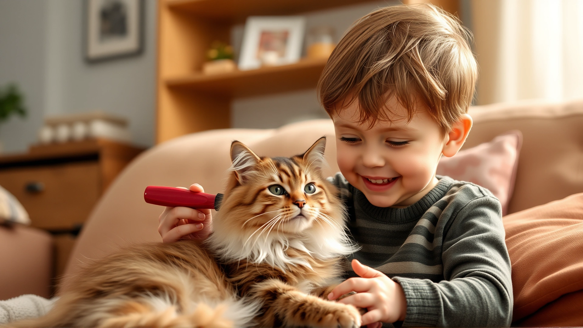 Preschooler brushing a fluffy cat with a child-sized brush while smiling, in a cozy living room setting.