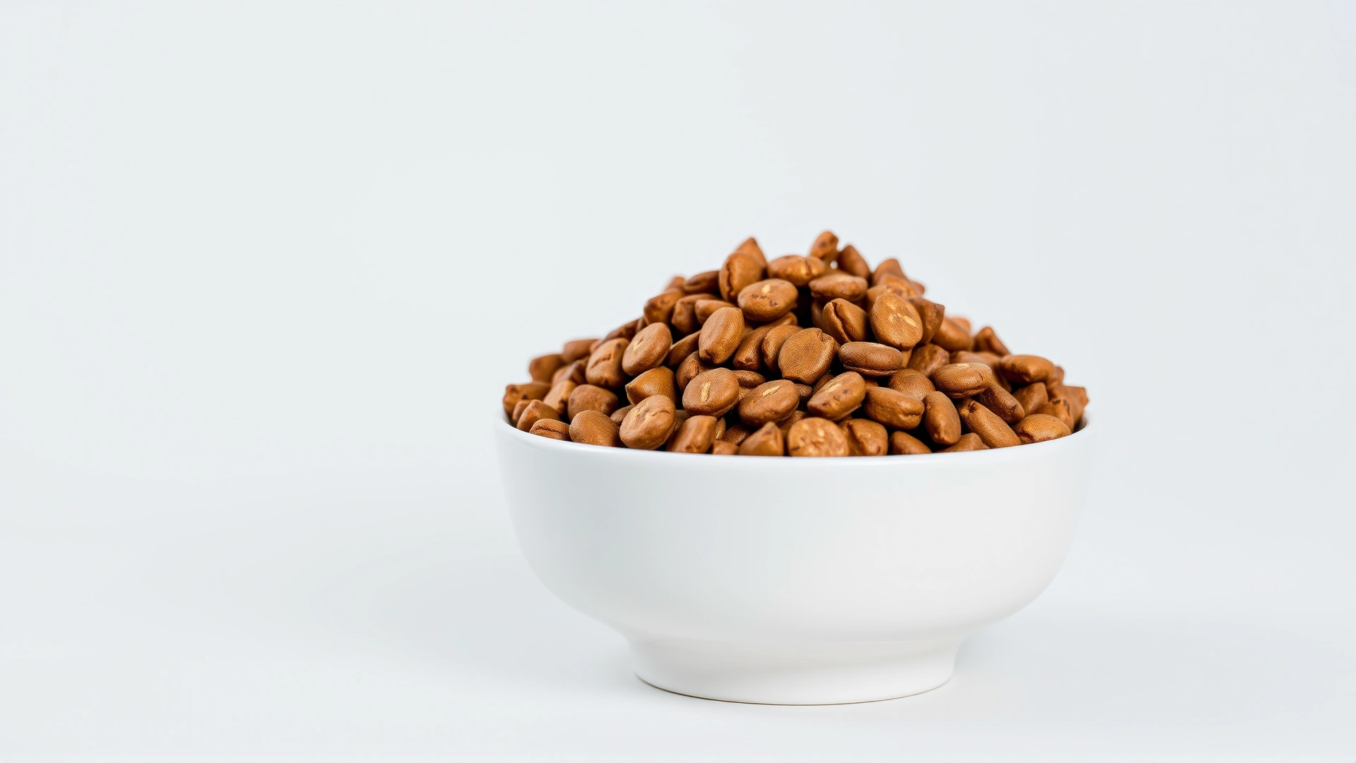 Studio shot of a bowl filled with veterinary prescription dry cat food, plain neutral background, no branding, no text.