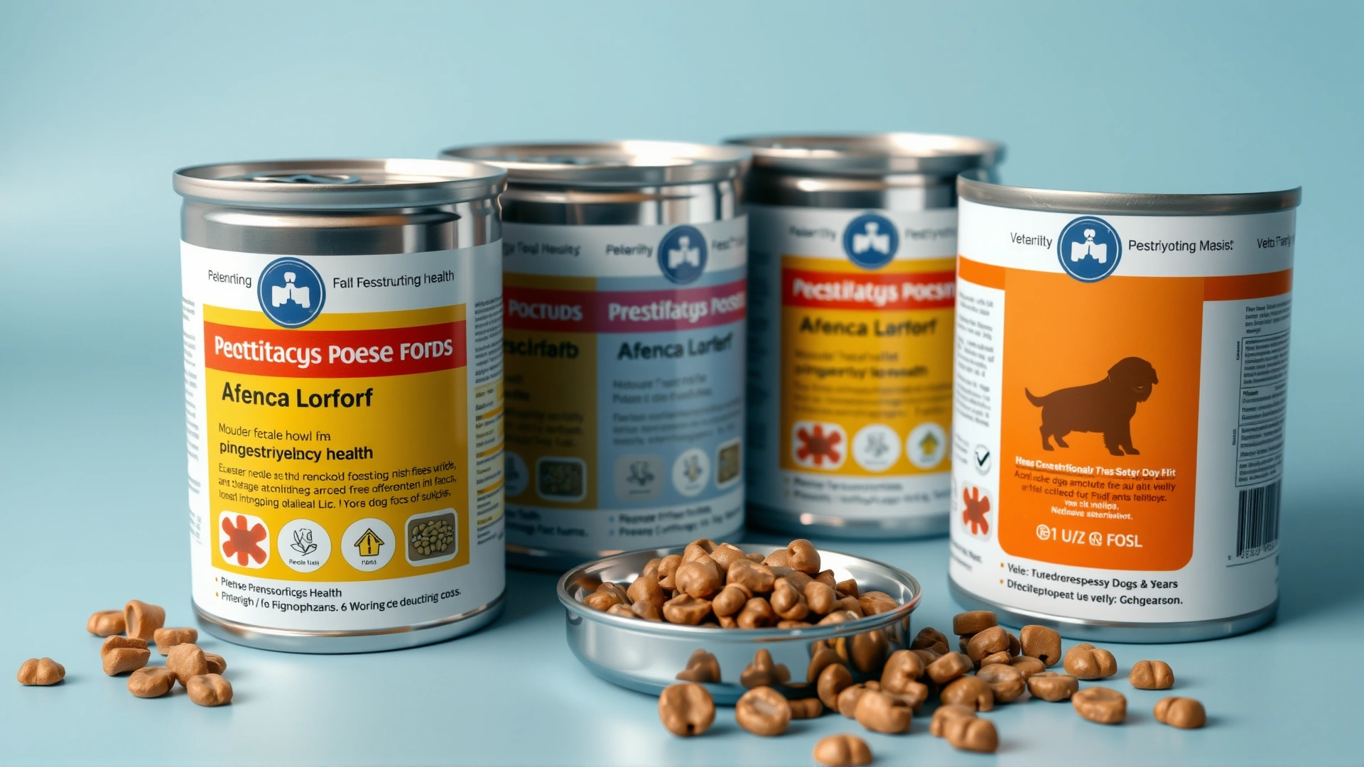 Studio shot of veterinary prescription dog food cans and kibble labeled for gastrointestinal health (no visible brand names).