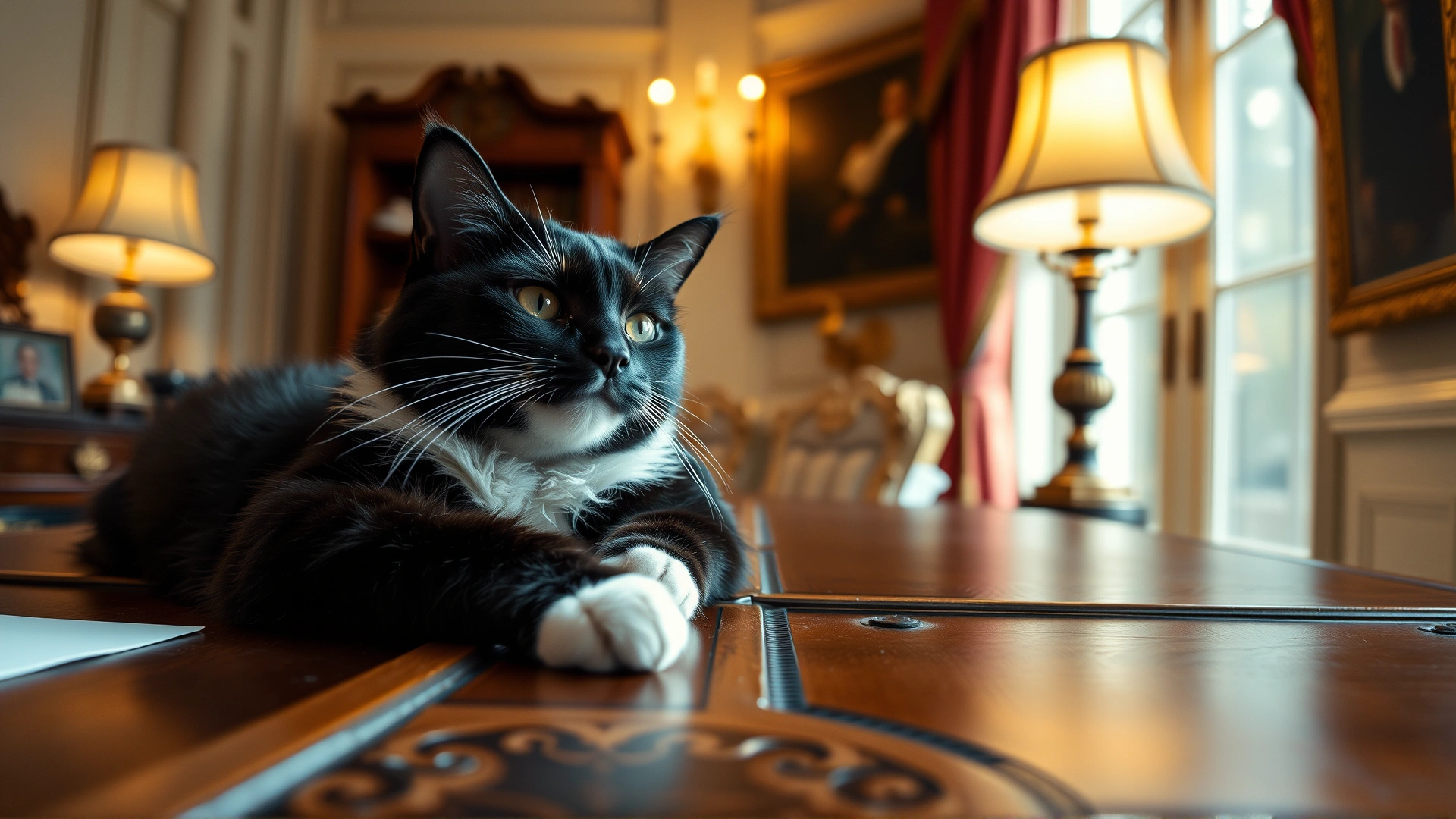 Close-up of a tuxedo cat lounging on an antique wooden desk inside an elegant White House–style room, warm lamp light.