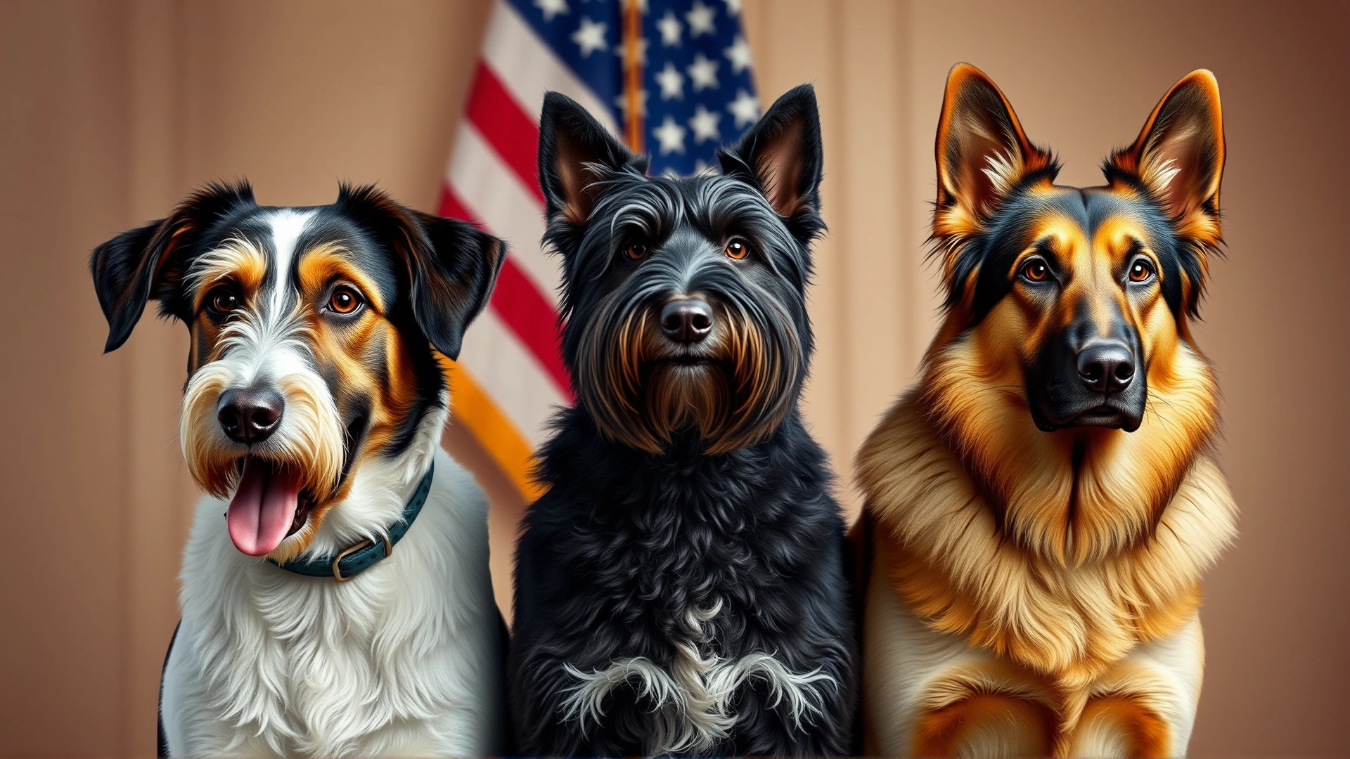Portrait of three different dog breeds that lived in the White House—Portuguese Water Dog, Scottish Terrier, and German Shepherd—posed side by side against a soft, patriotic backdrop.