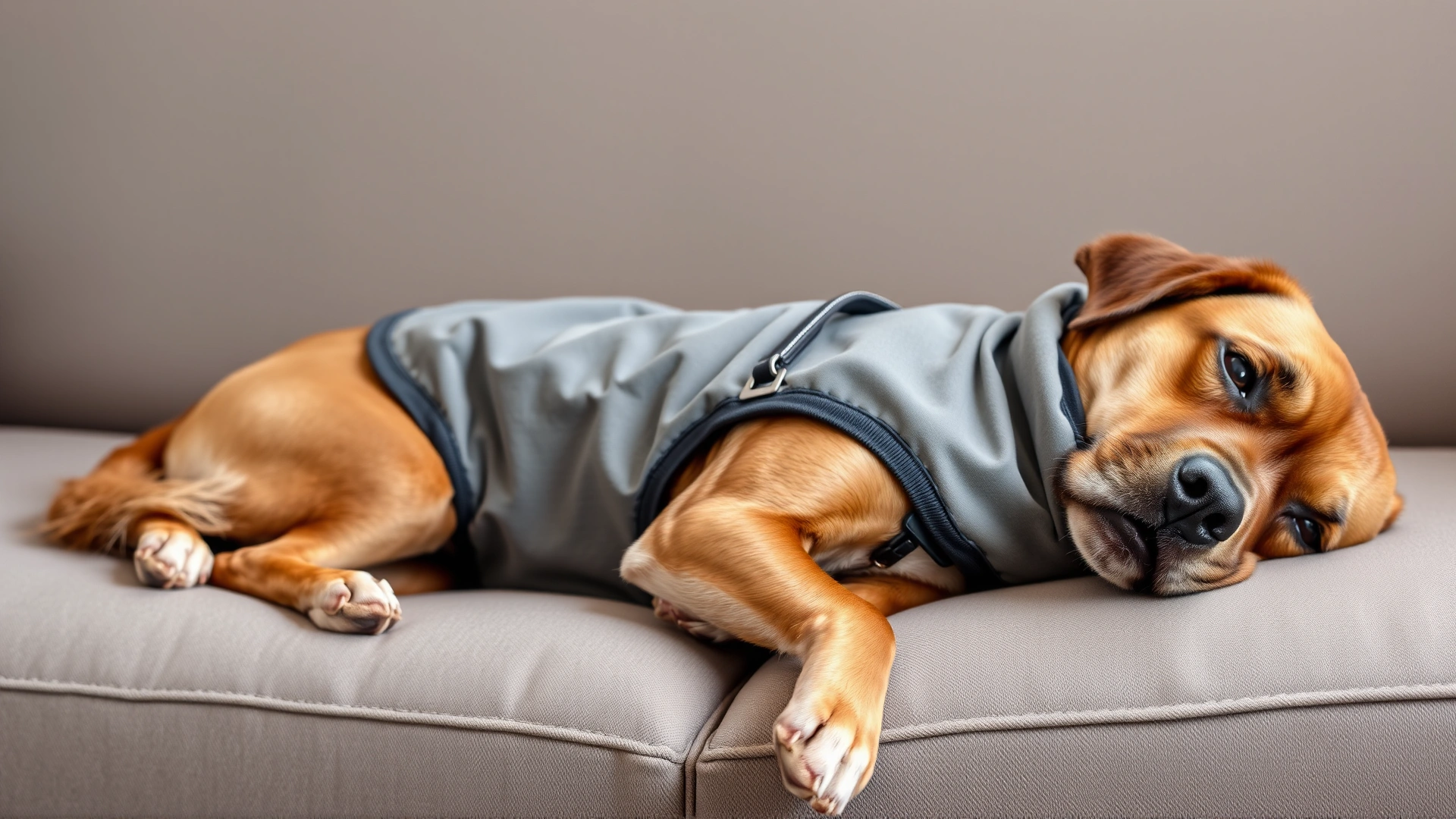 A dog comfortably wearing a grey pressure wrap (Thundershirt) while lounging on a sofa, looking relaxed.