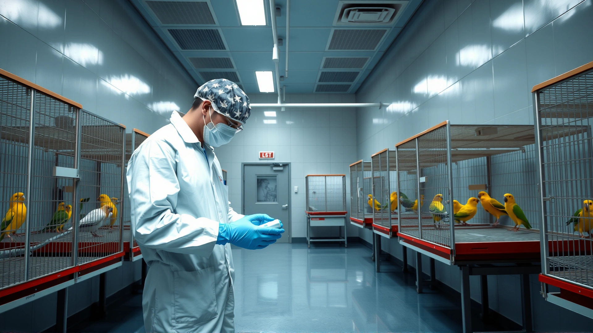 Clean quarantine room with separate bird cages, caretaker wearing disposable gloves while cleaning surfaces