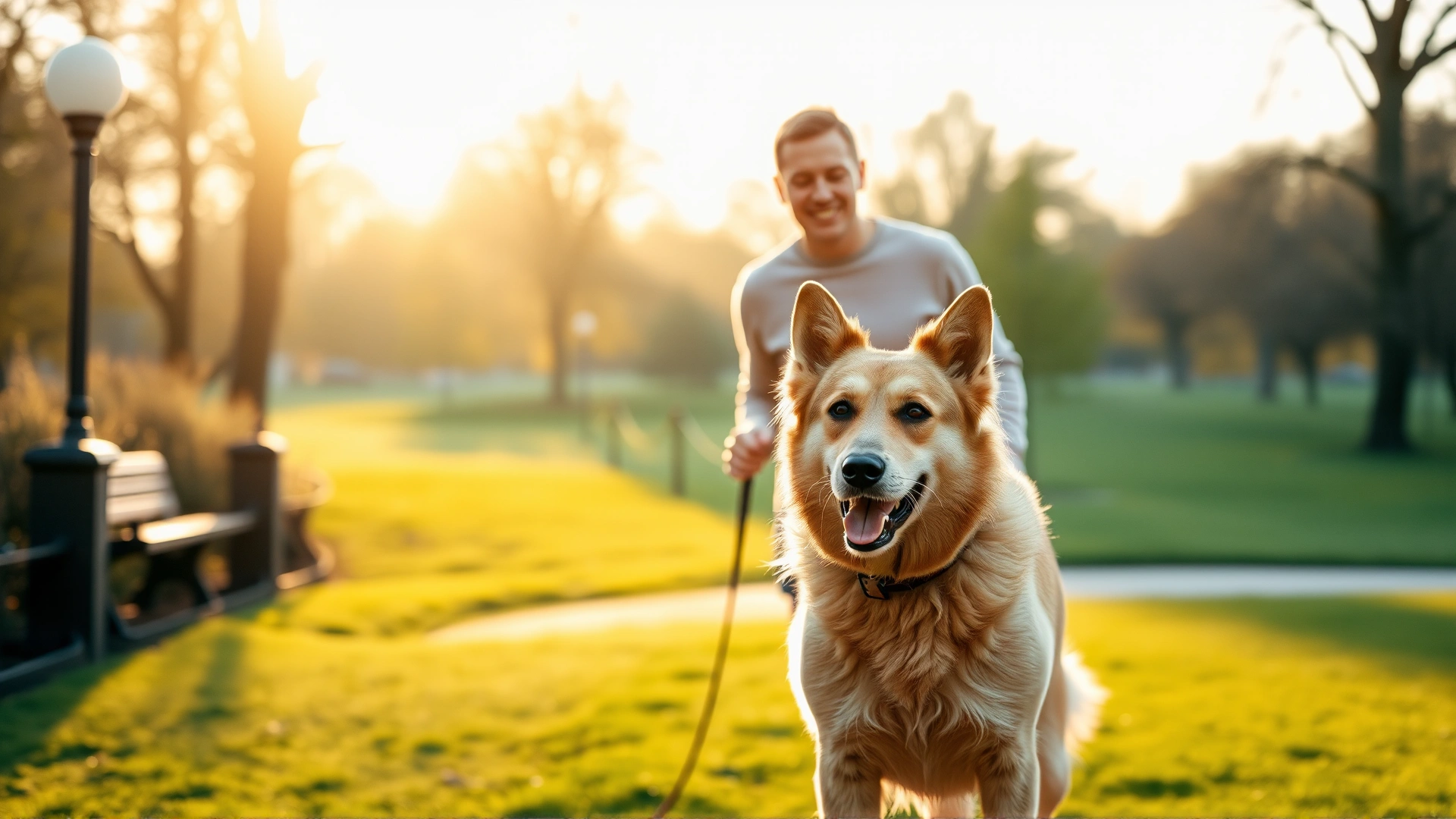 Owner walking a dog in a park at sunrise, both looking healthy and active