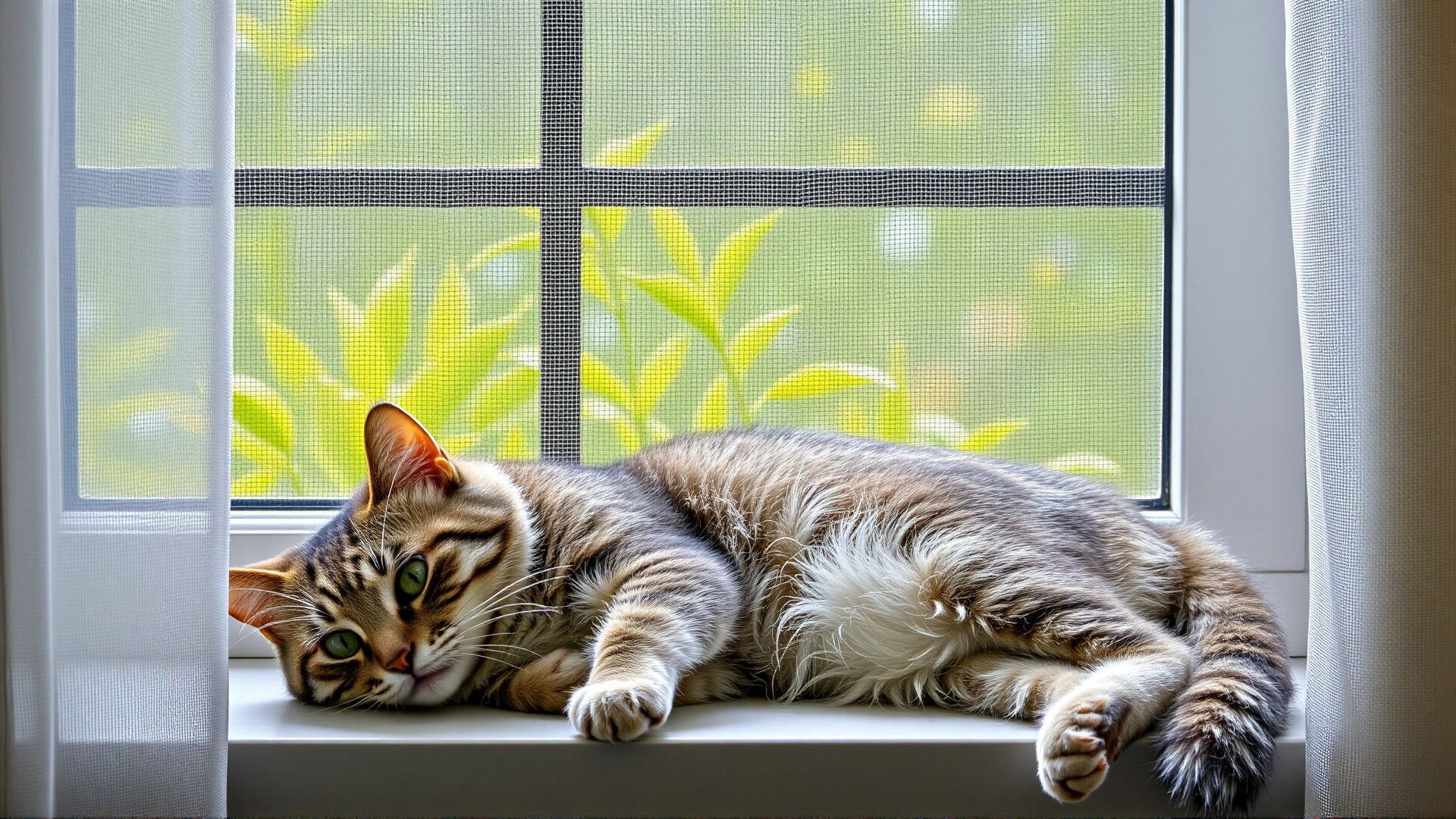 Cat lounging near a window protected by a fine mesh screen with a green garden view outside, symbolizing mosquito prevention. Soft daylight.