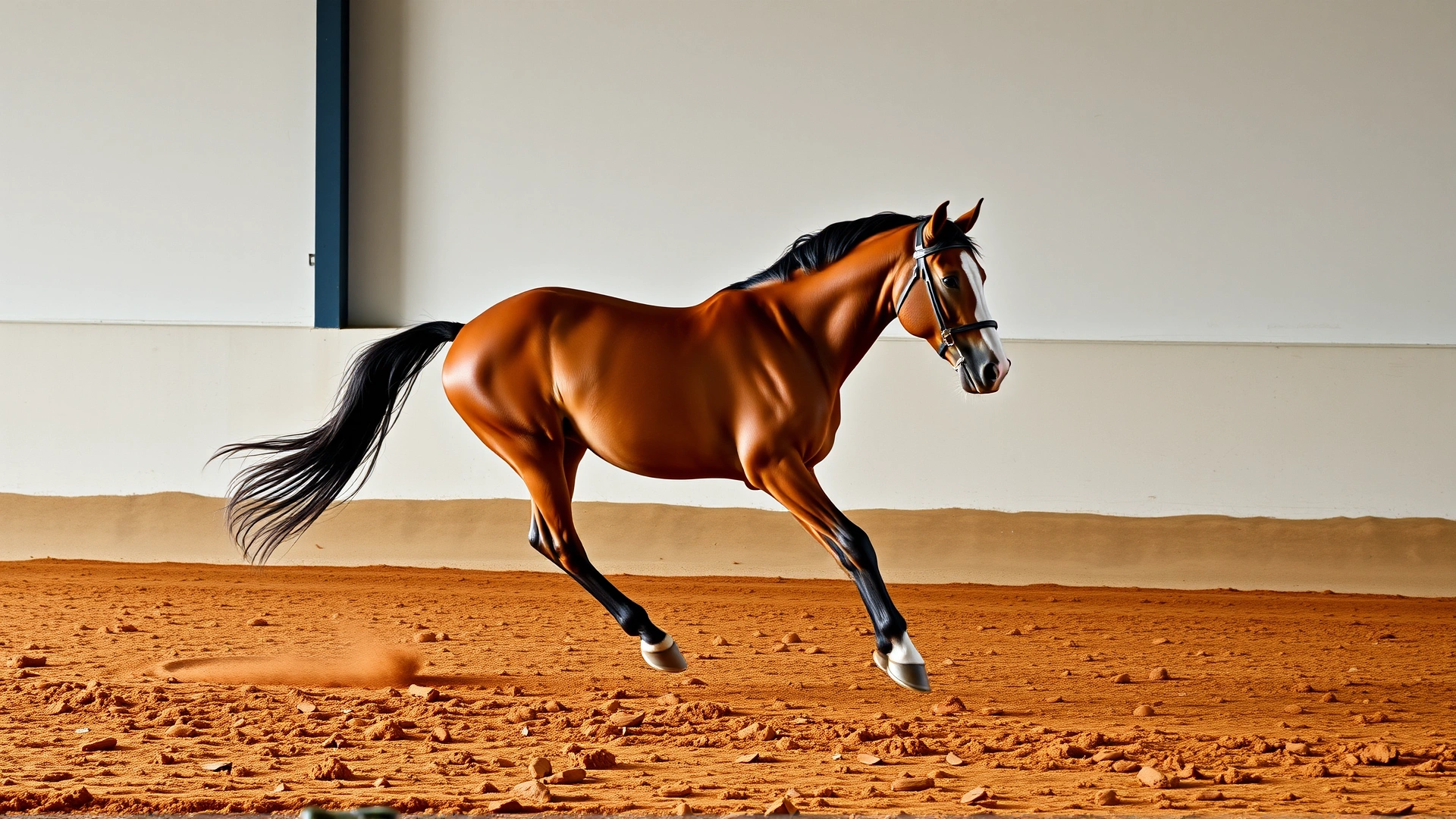 Healthy horse trotting on a soft, well-maintained arena surface with proper footing, showcasing safe training conditions.