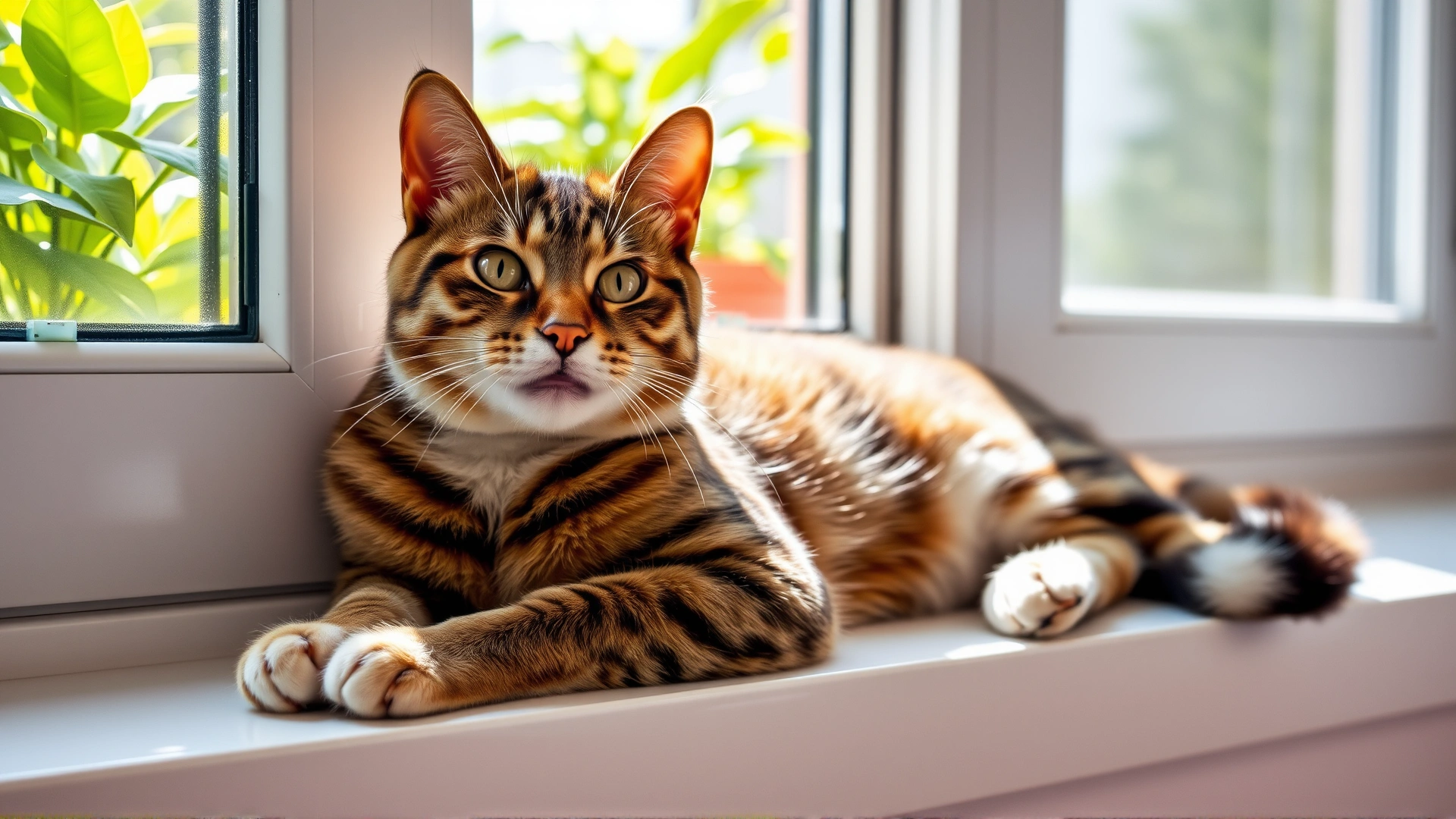 Happy indoor cat lounging on a clean windowsill with sunlight and green plants outside, representing a healthy environment.