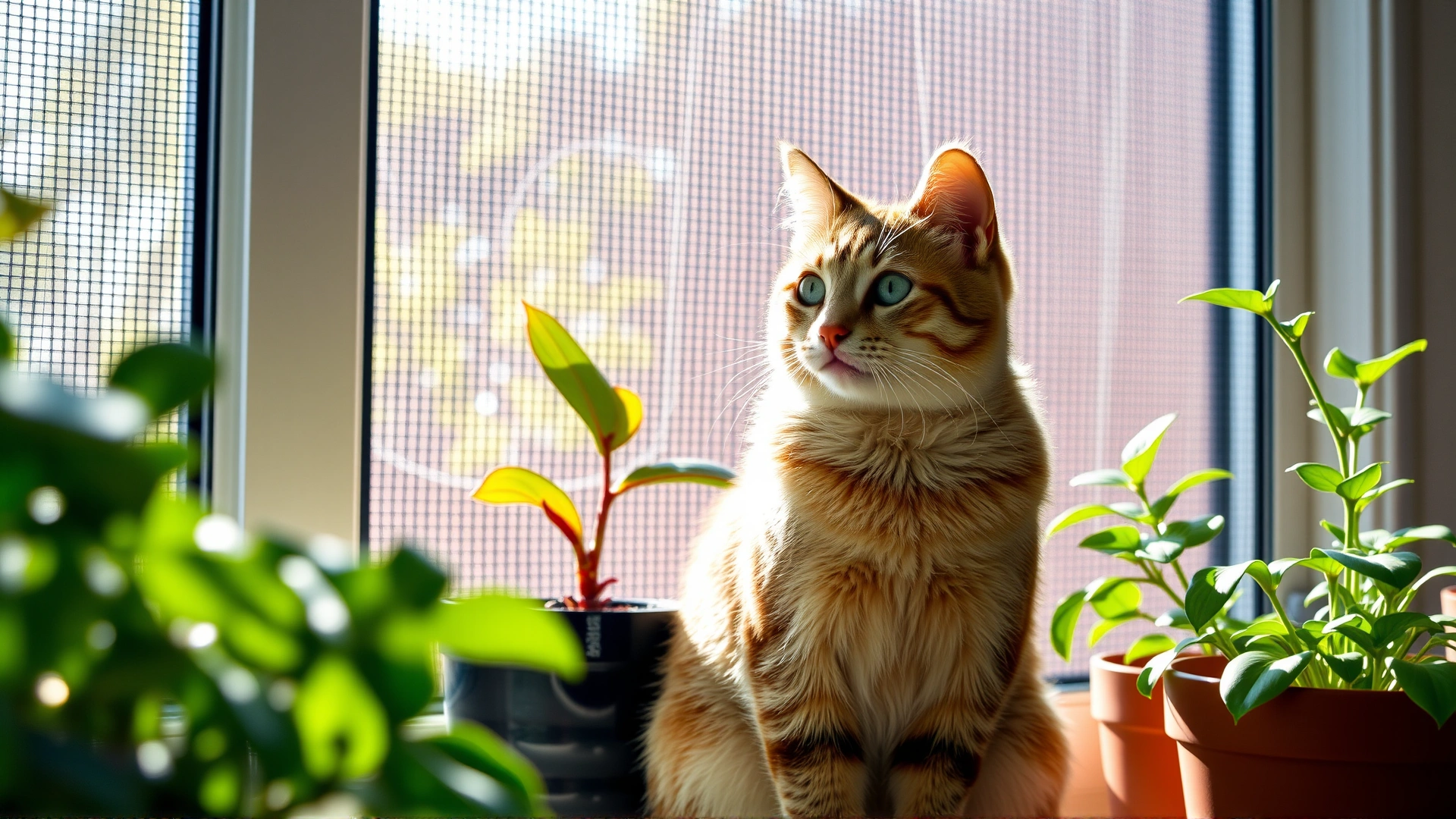 Bright photo of an indoor cat sitting by a screened window with sunlight streaming in, potted plants around, symbolizing a clean, protected environment