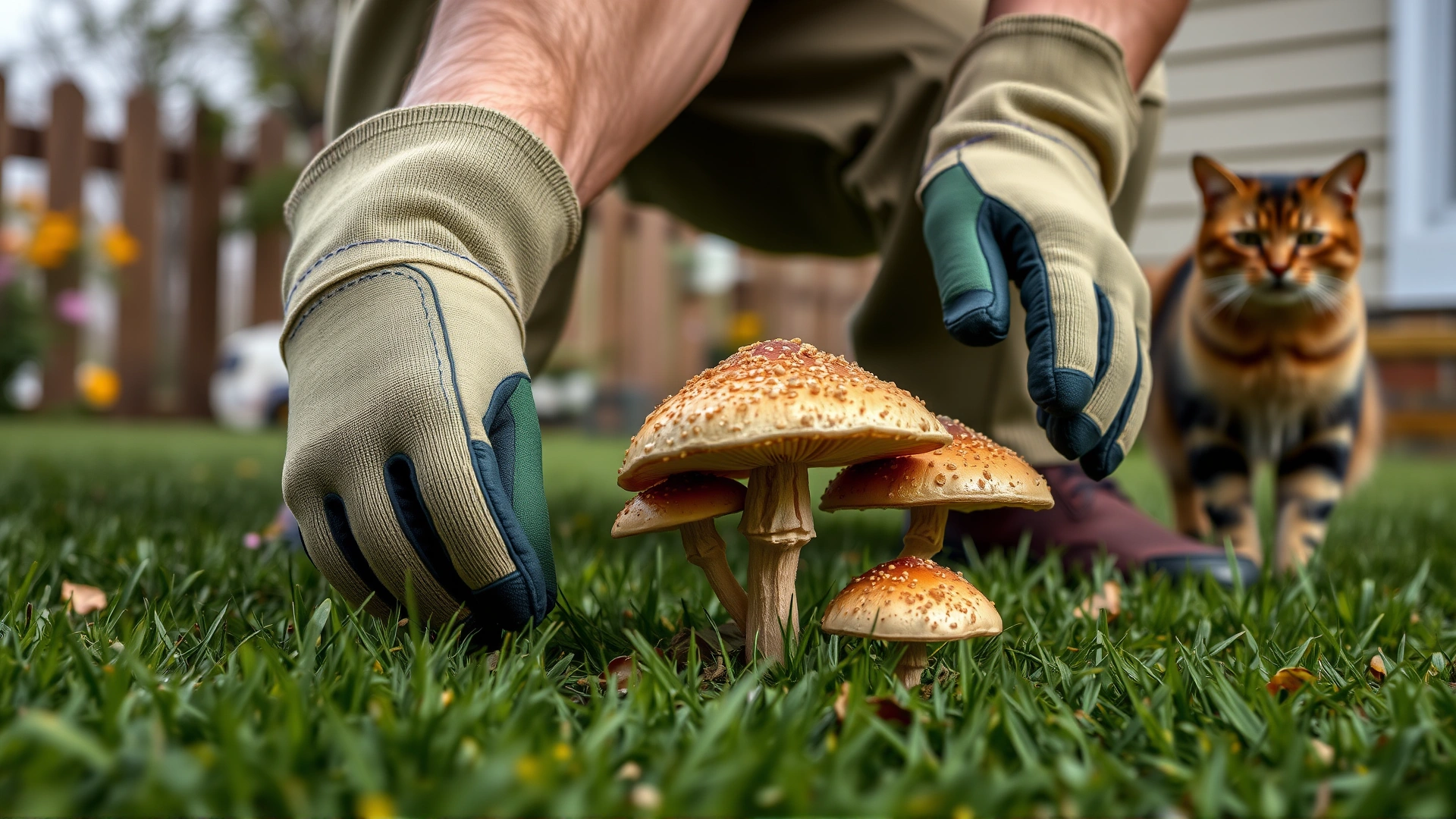 A homeowner wearing garden gloves removing mushrooms from a lawn while a cat watches from a safe distance.