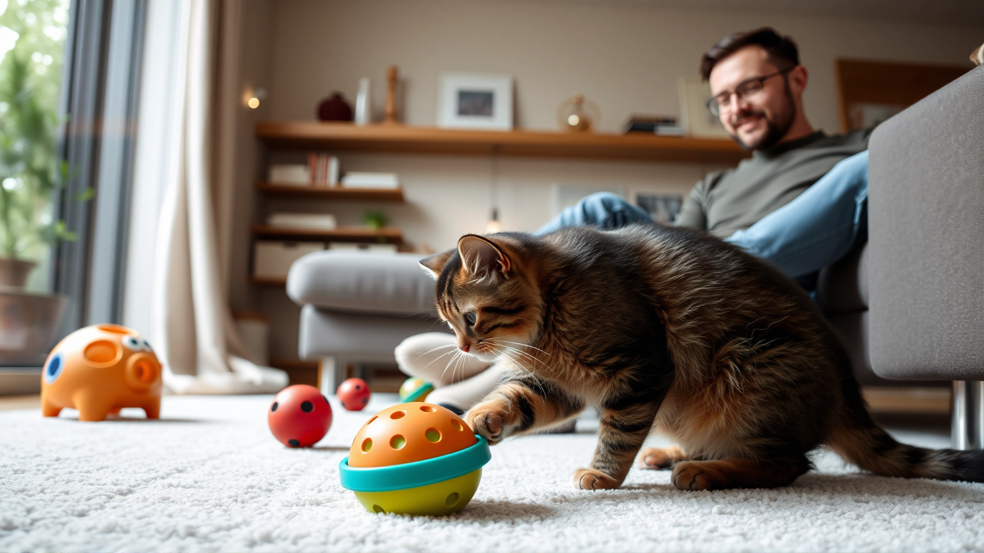 Indoor scene of a fit young male cat playing with interactive toys while an owner supervises in a modern living room