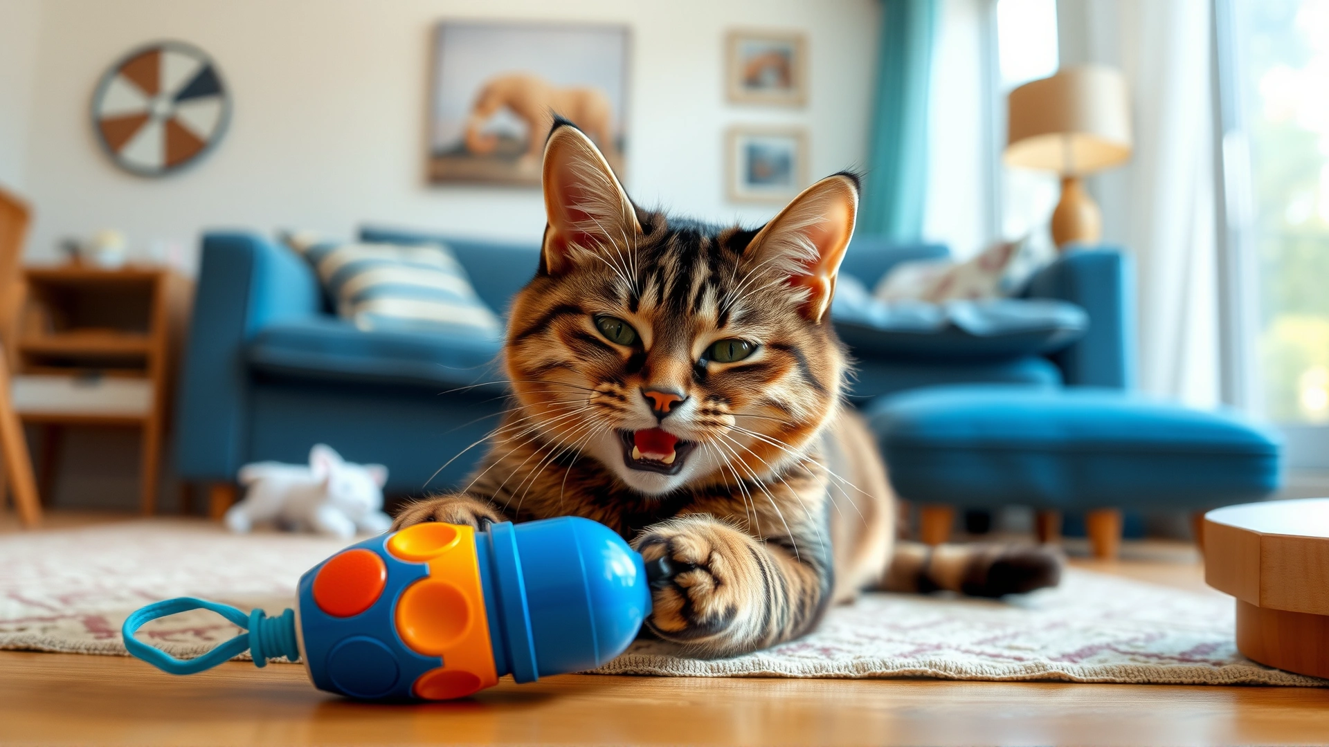 Happy indoor cat playing with an interactive toy in a bright living room, illustrating a safe home environment; no text