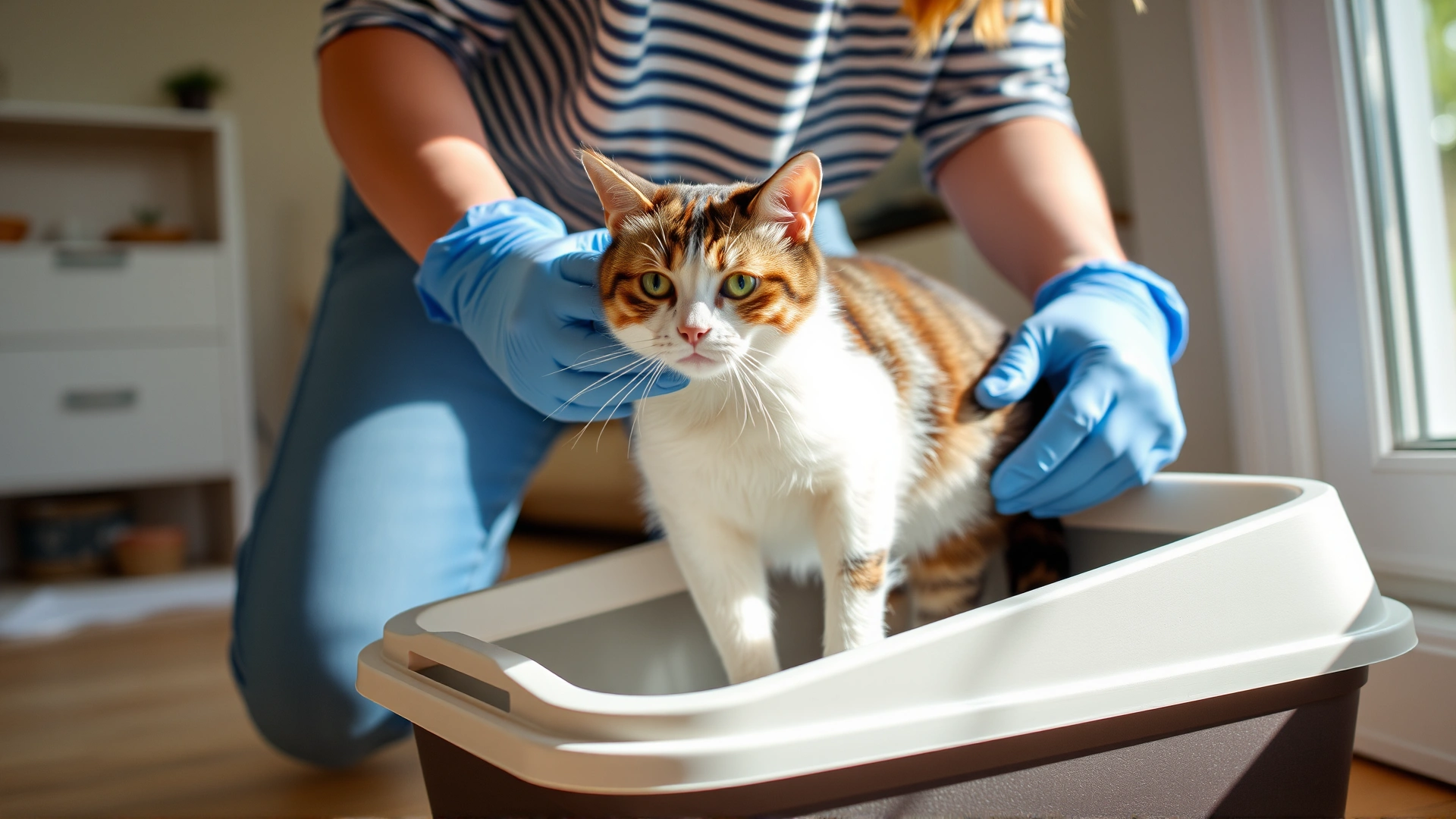 Cat owner cleaning a litter box with gloves in a bright home environment, illustrating preventive hygiene practices.