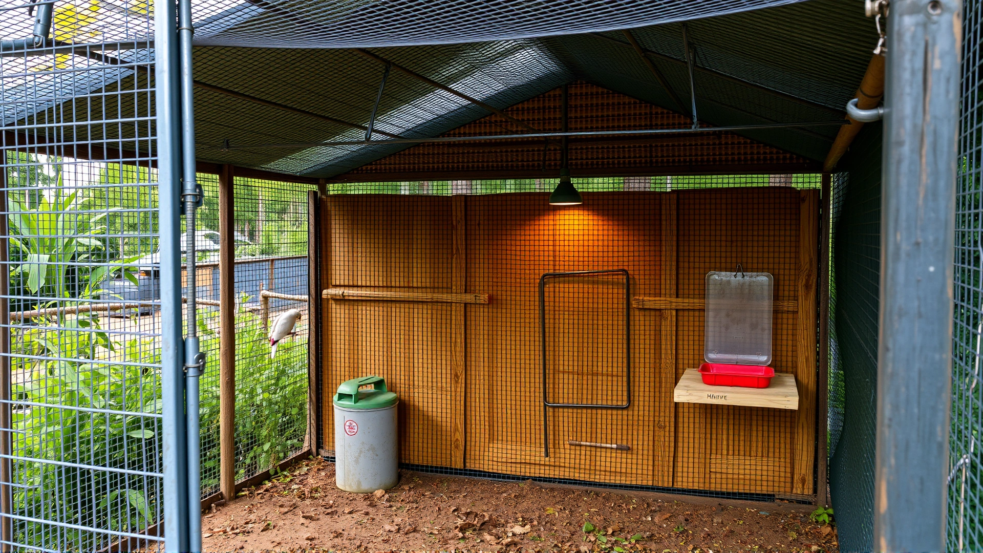 Image of an outdoor aviary secured with fine mesh and elevated food and water containers, with surrounding area free of wild animals.
