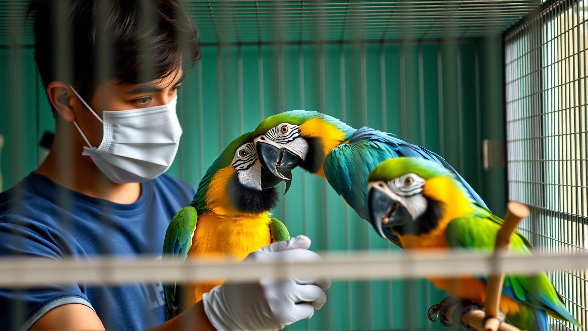 Bird owner wearing mask and gloves carefully cleaning a macaw's cage while the bird watches from a nearby perch