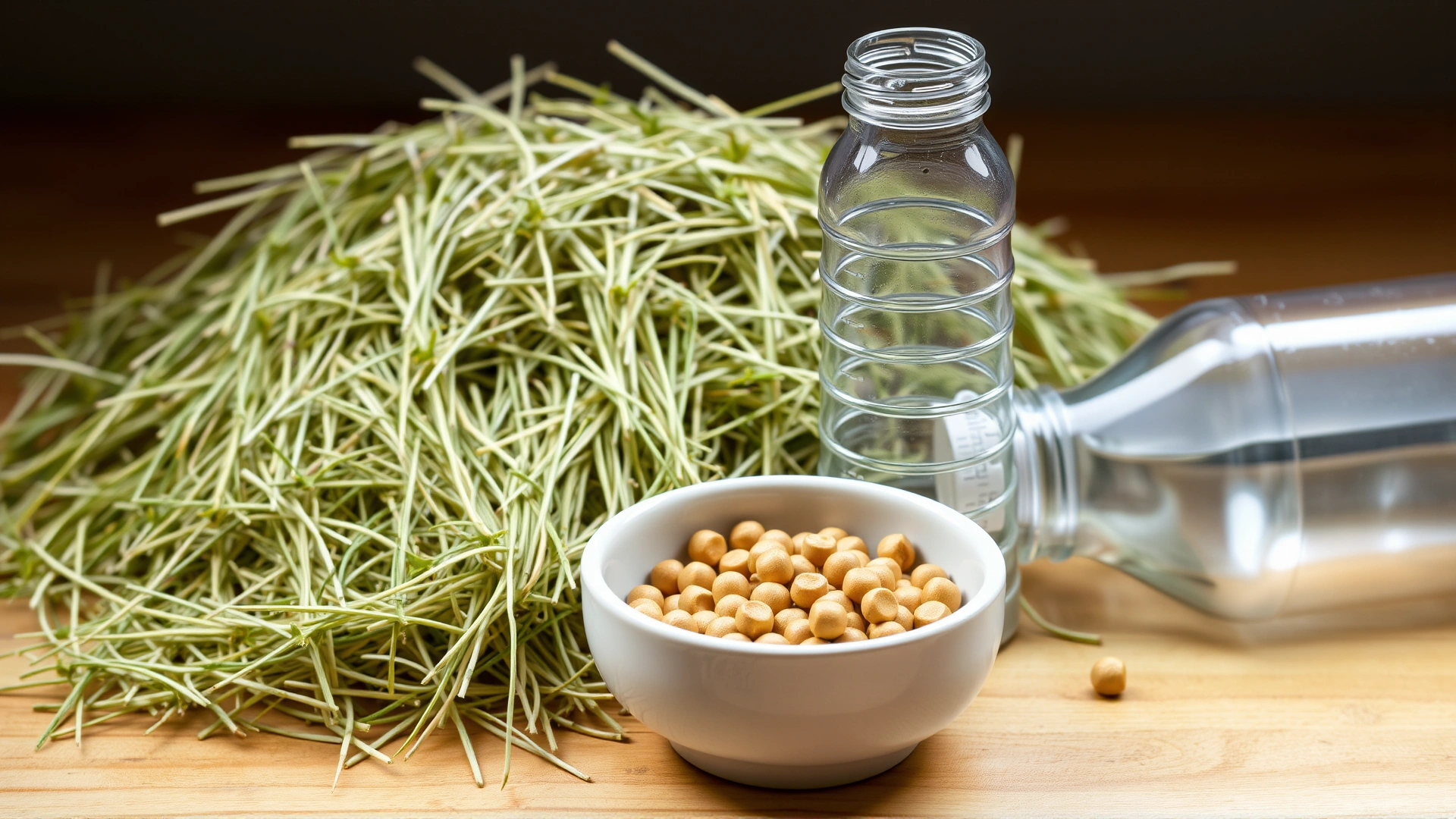 Bright still-life composition showing a pile of fresh Timothy hay, a small portion of pellets in a ceramic bowl, and a water bottle, on a wooden surface, no text or graphics