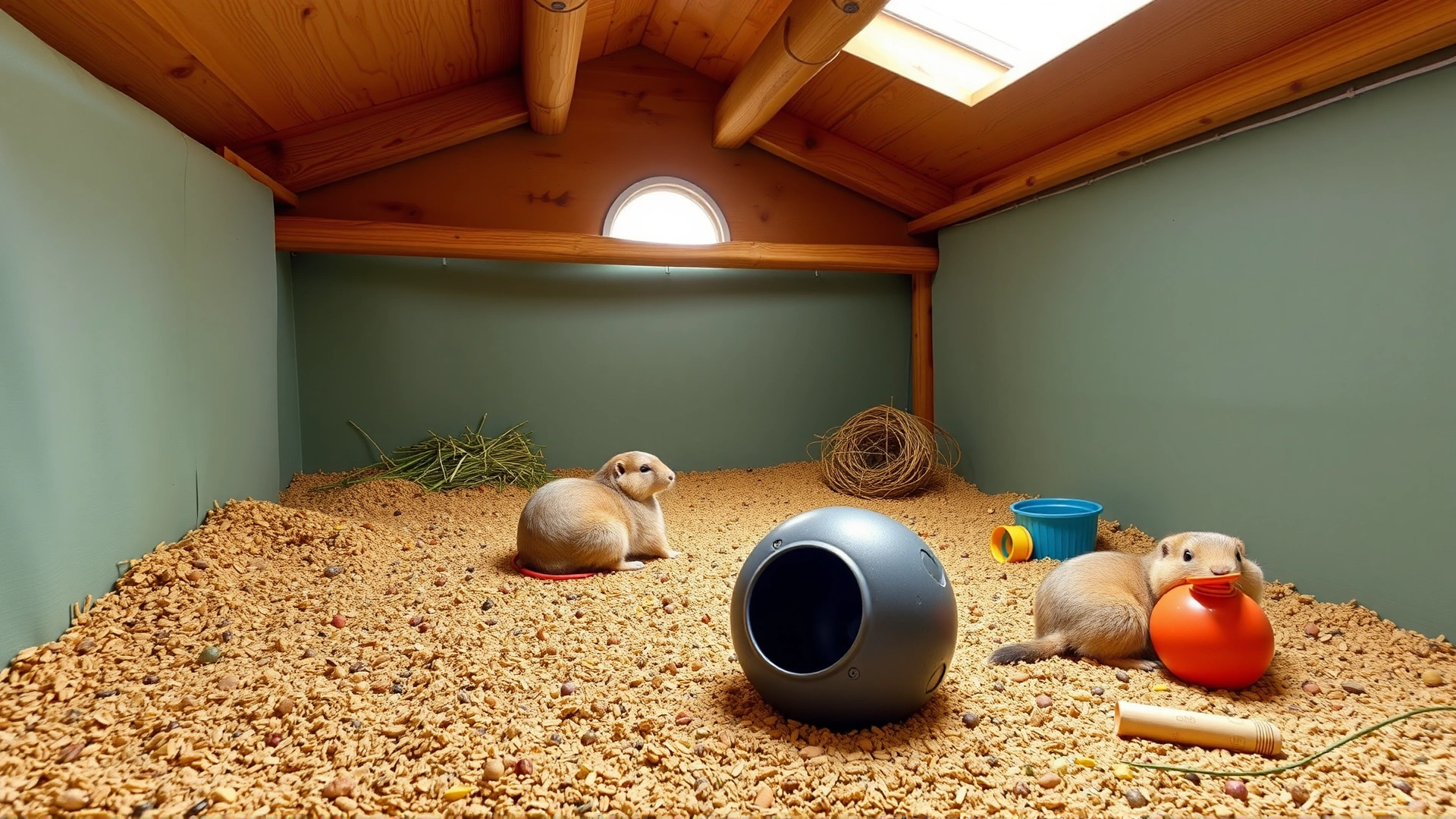 Bright photo of a clean, well-ventilated prairie dog enclosure with low-dust bedding, fresh hay, and enrichment toys