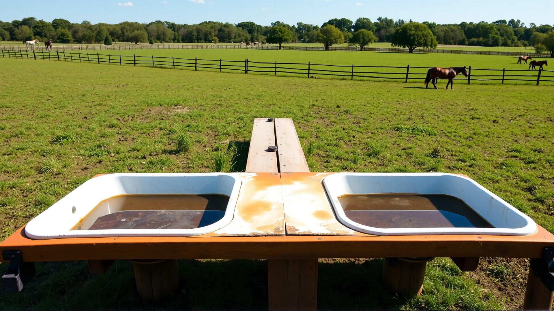 Wide shot of a well-managed horse pasture with clean water troughs and rotational grazing sections, indicating preventative management. No text.