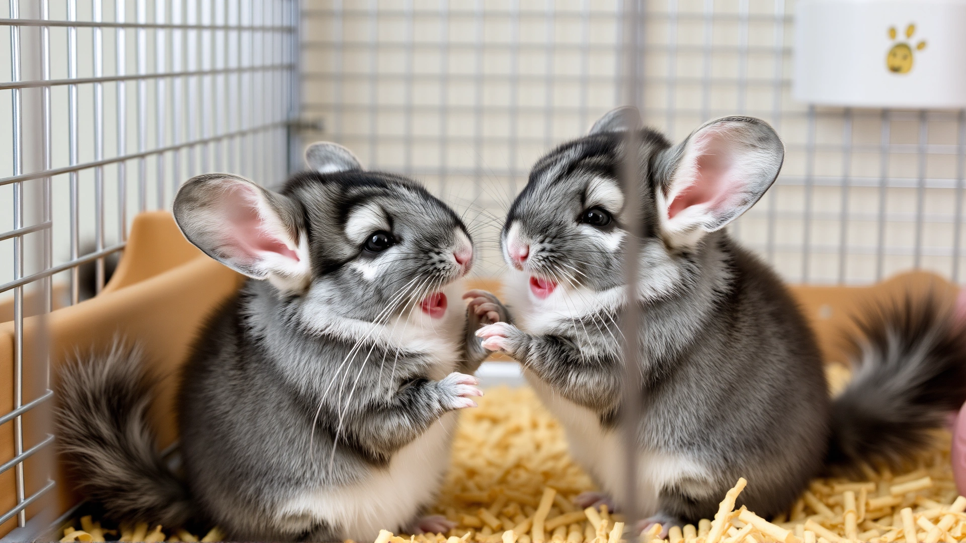 Healthy chinchilla pair interacting playfully in a spacious cage, representing responsible breeding practices
