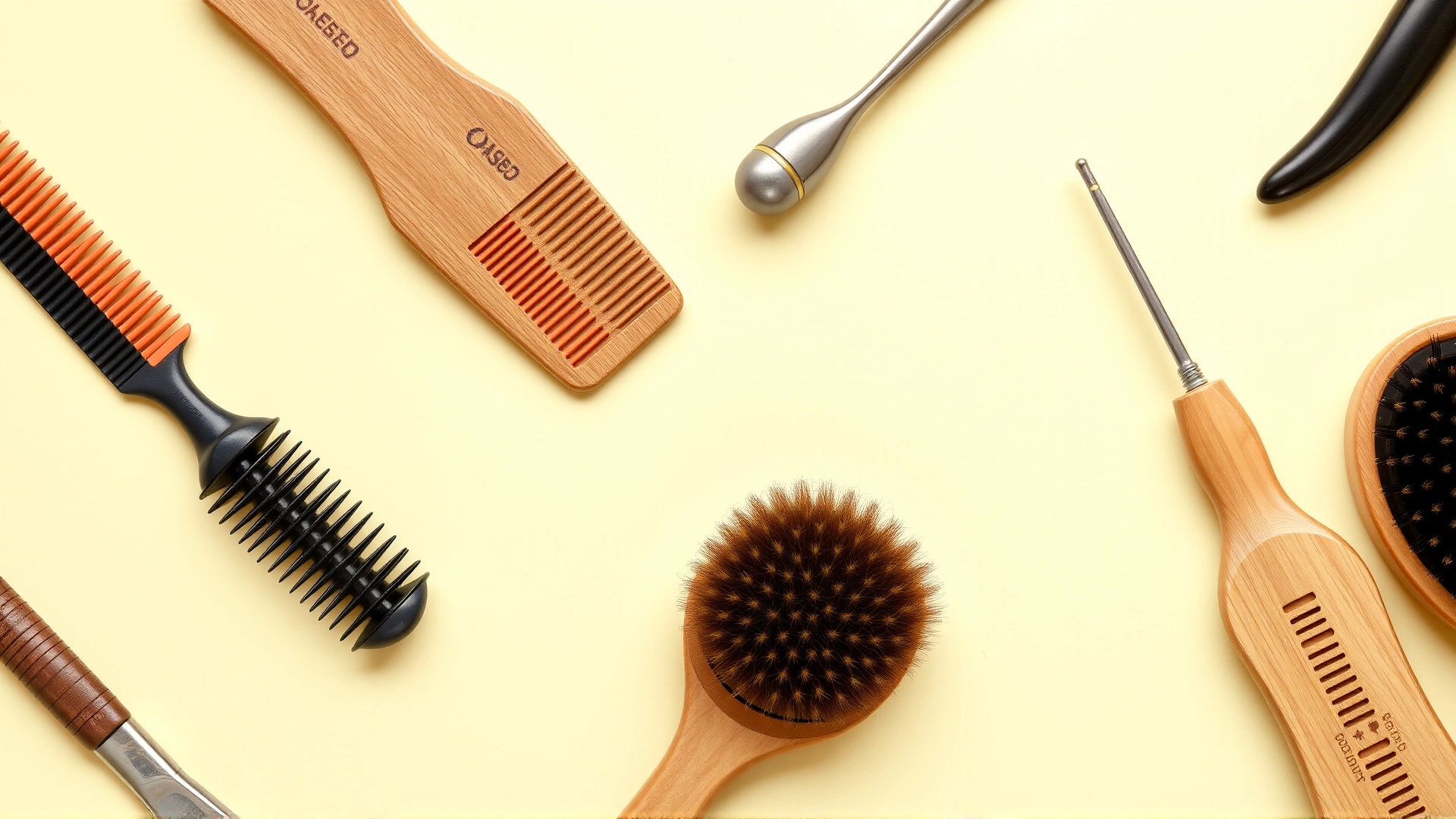 Flat lay of monthly cat parasite prevention products (spot-on pipettes, comb, grooming brush) arranged neatly on a pastel background, no labels or text.