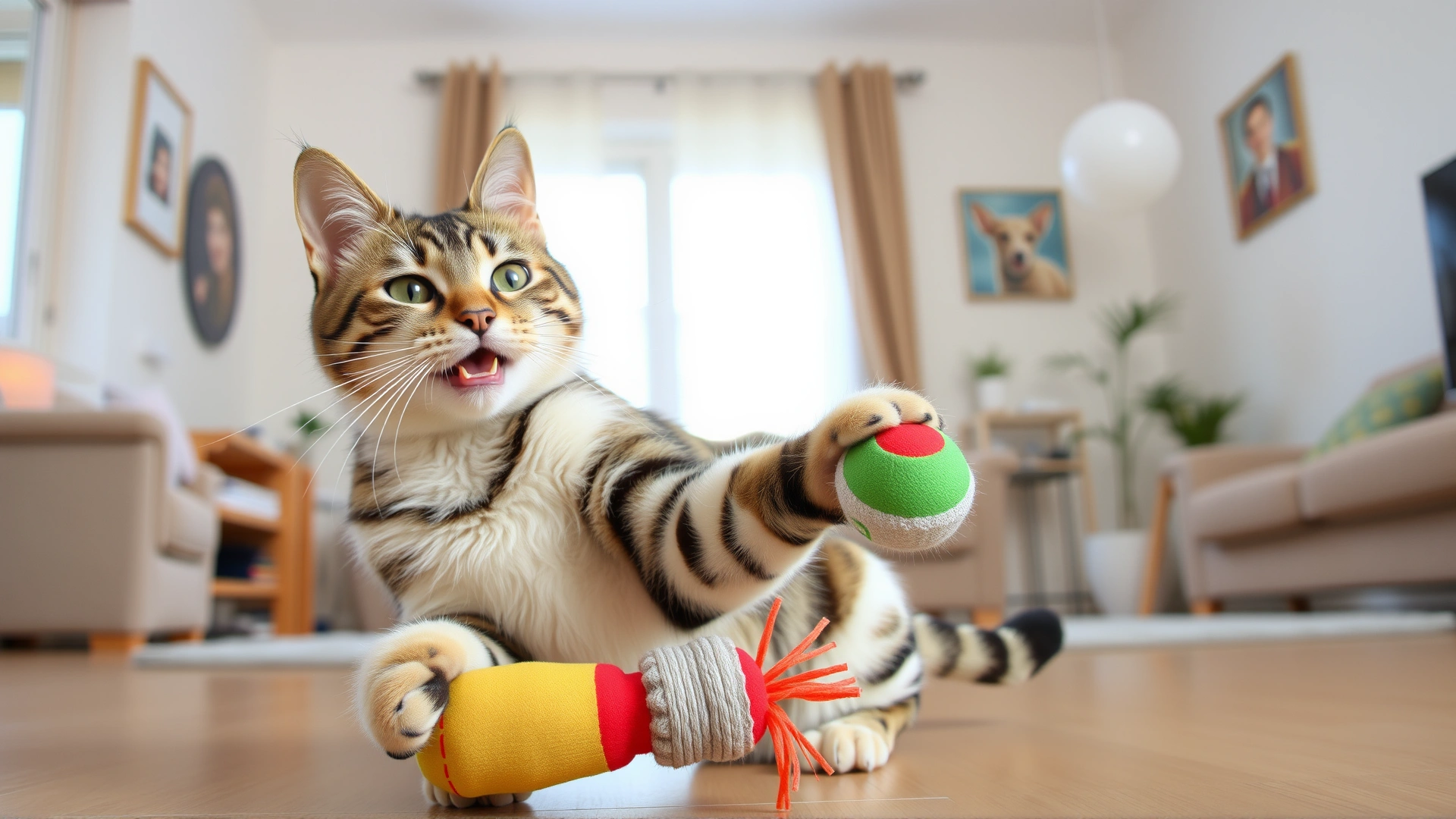 Happy spayed domestic cat playing with a colorful toy in a bright living room, demonstrating healthy and active lifestyle.