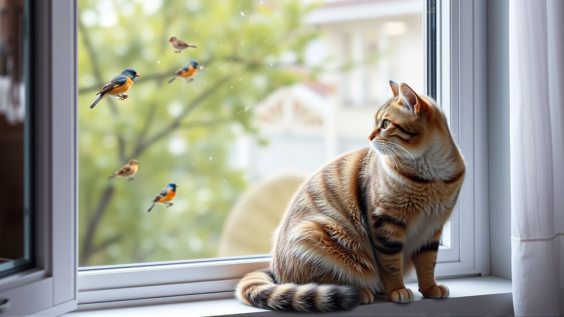 Indoor cat sitting safely on a windowsill watching birds outside through the glass, illustrating an indoor lifestyle, no text.