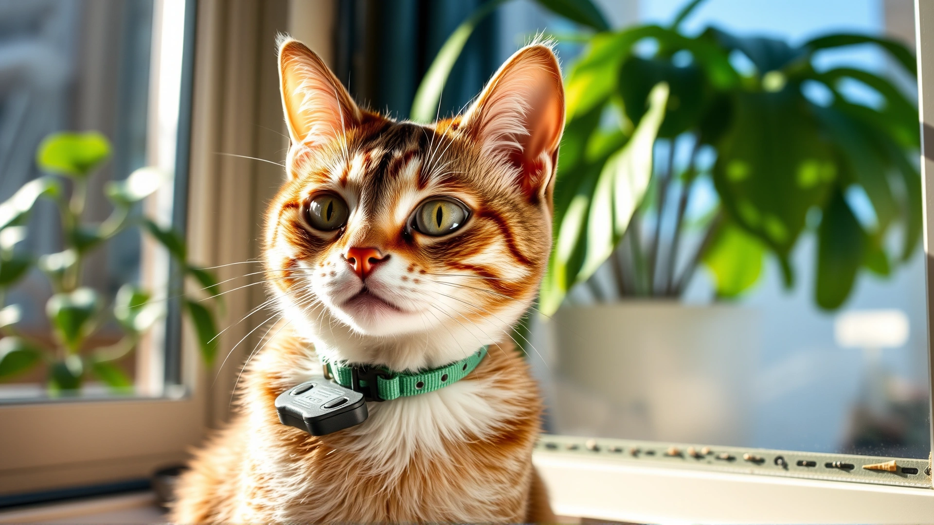 Indoor cat sitting near a window wearing a flea collar, sunlit room with houseplants in the background.