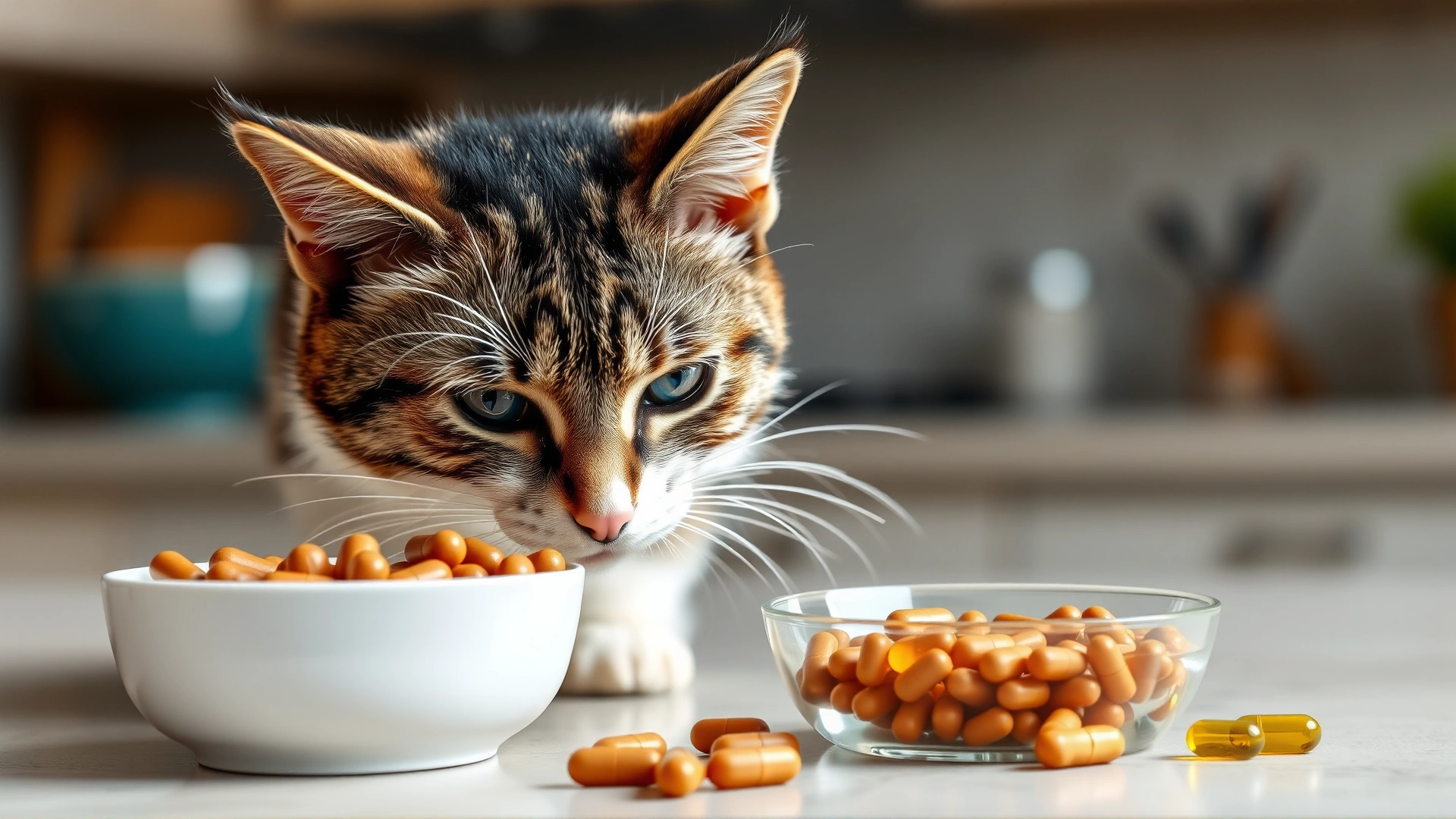 Healthy young cat sniffing a fresh bowl of high-quality cat food beside vitamin E capsules, kitchen countertop with soft lighting