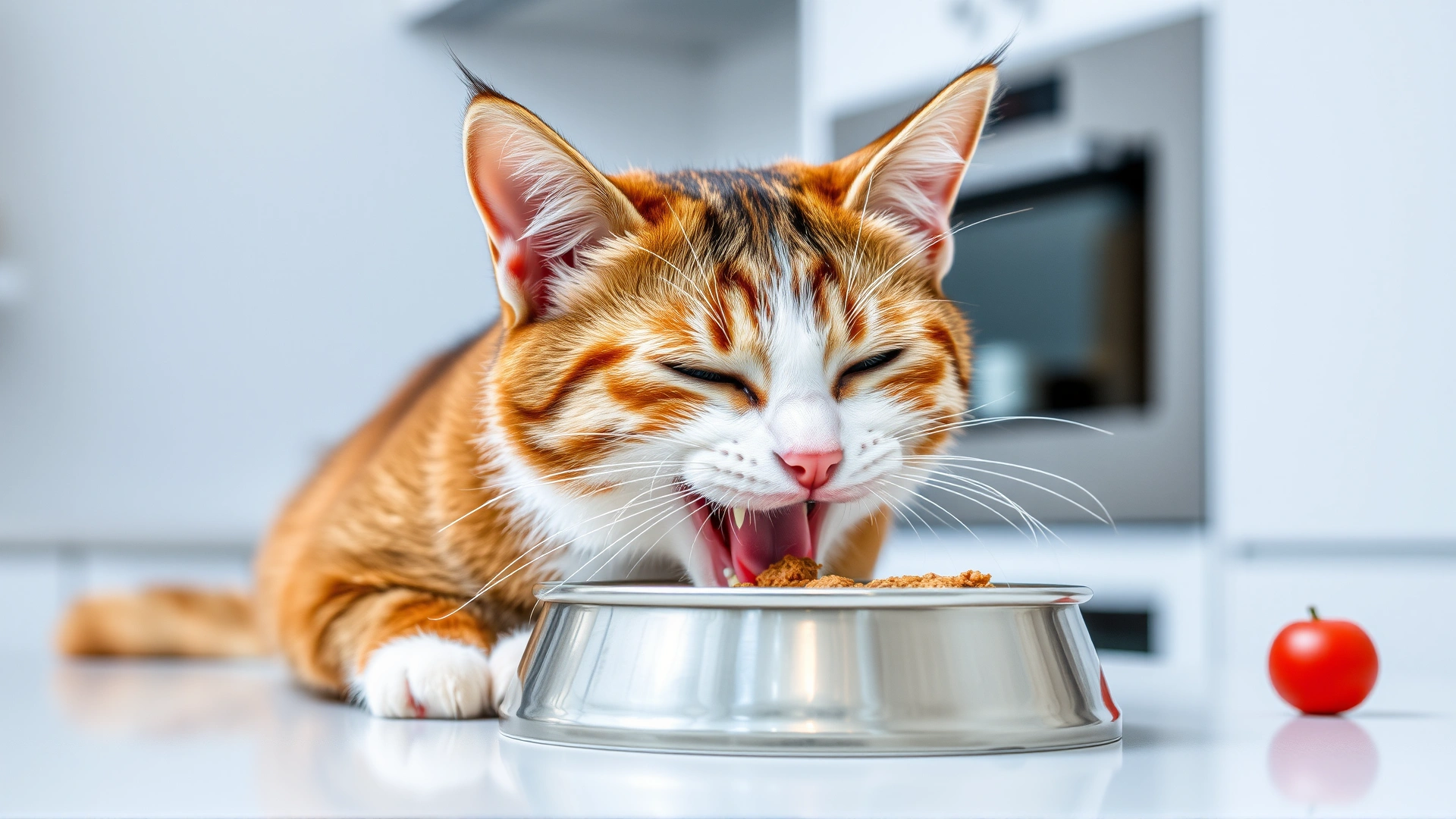 Healthy playful cat eating from a clean stainless-steel bowl in a modern kitchen, emphasizing proper diet and hygiene.