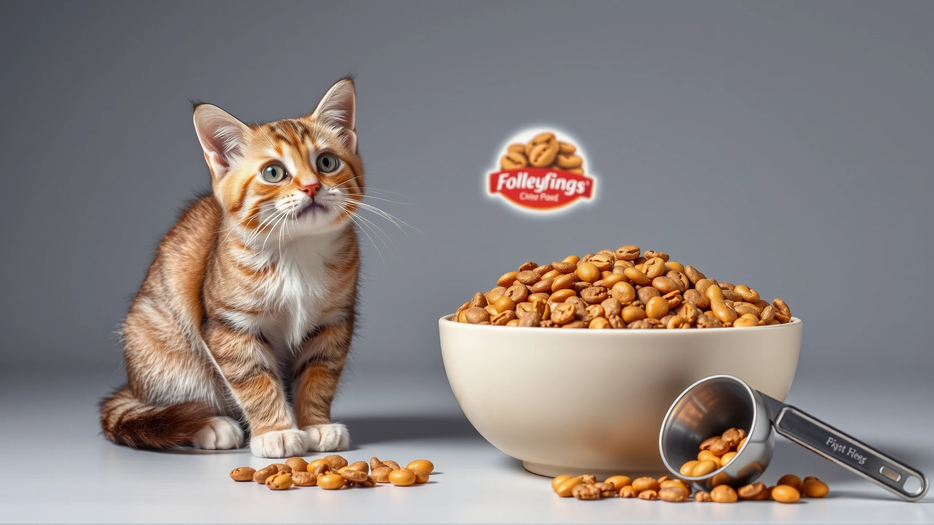 Bowl of balanced commercial cat kibble alongside measuring scoop and cat sitting nearby looking healthy and curious.