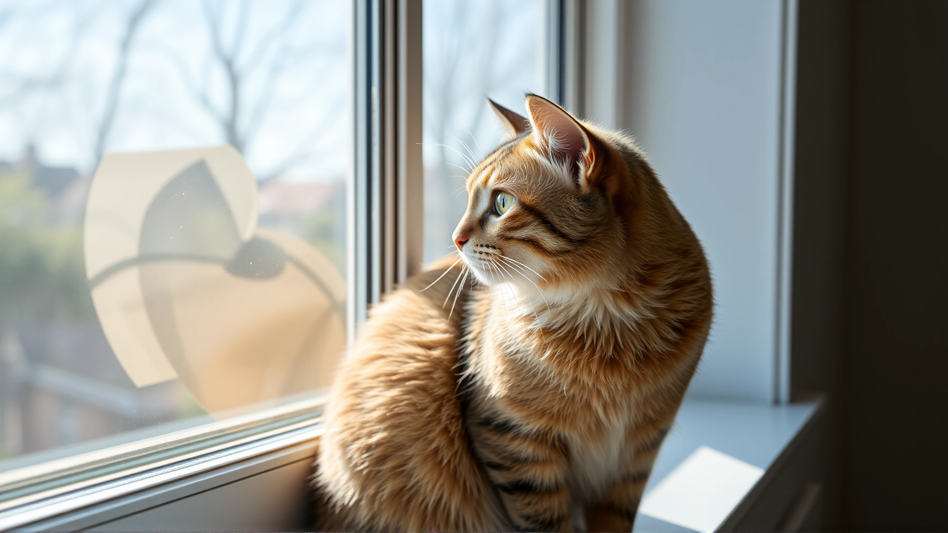 Healthy domestic cat sitting on a windowsill looking outside through closed glass, sunlit interior room.