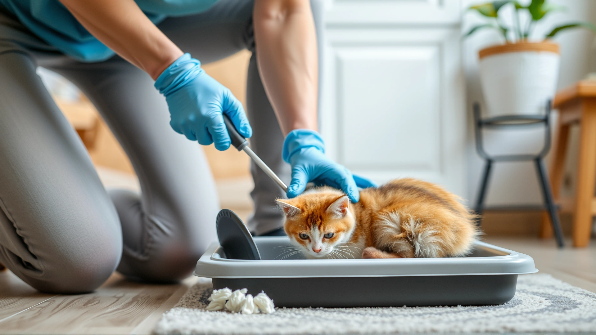 Owner cleaning a litter box with gloves and scooper, tidy home environment, clear focus on hygiene