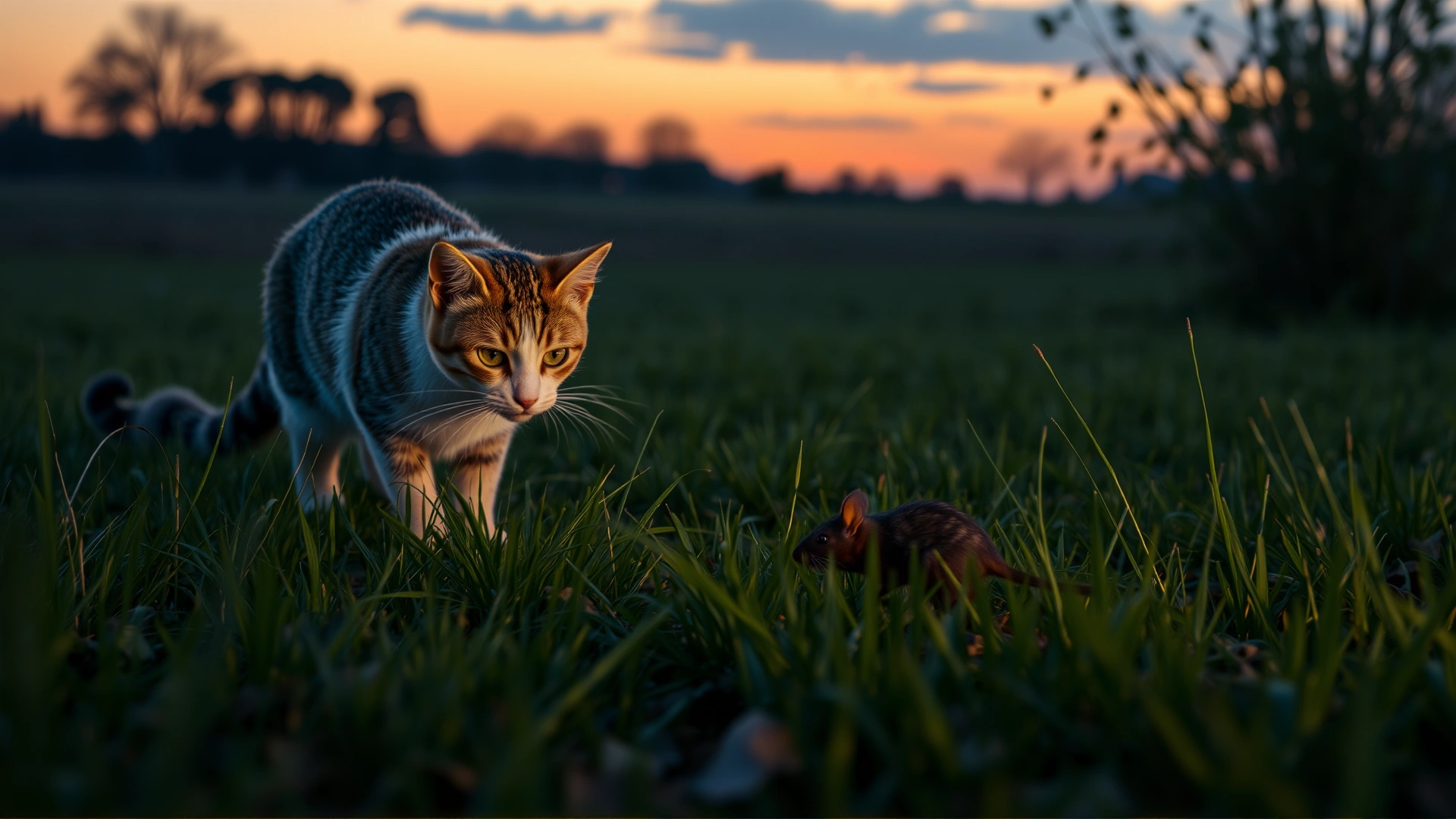 Outdoor scene of a cat stalking a mouse in a grassy field at dusk, illustrating risk of rodent contact, high resolution