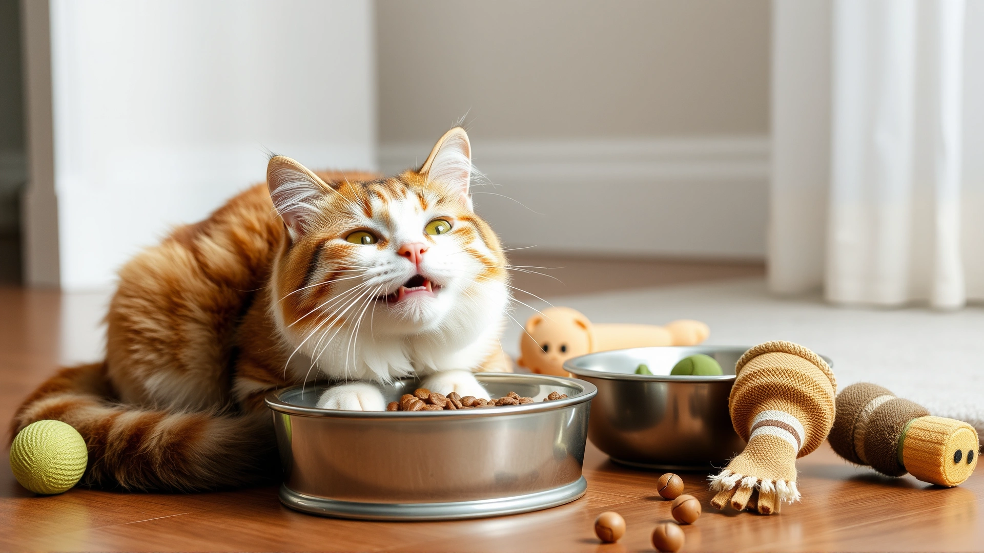 Happy indoor cat eating from a clean food bowl next to neatly arranged toys, emphasizing preventive care