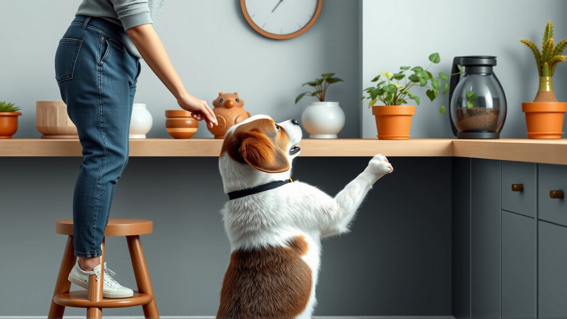 Dog owner standing on a stool placing a plant on a high shelf out of the dog's reach.