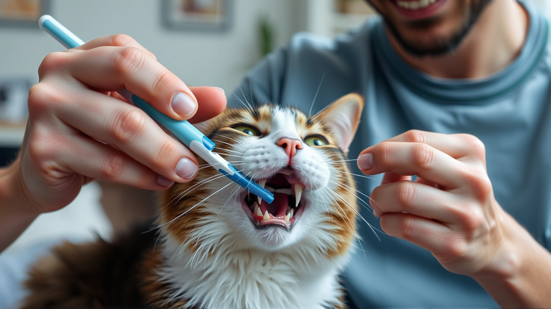 Owner brushing their cat's teeth with a small pet toothbrush in a home environment.