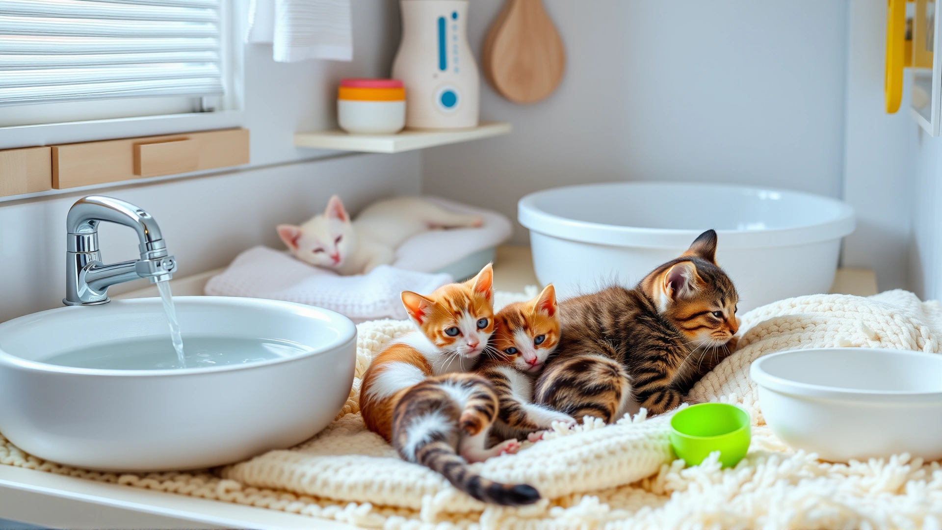Bright, tidy kitten nursery setup with clean bedding, fresh water, and toys; mother cat grooming her kittens, showing ideal hygienic environment.