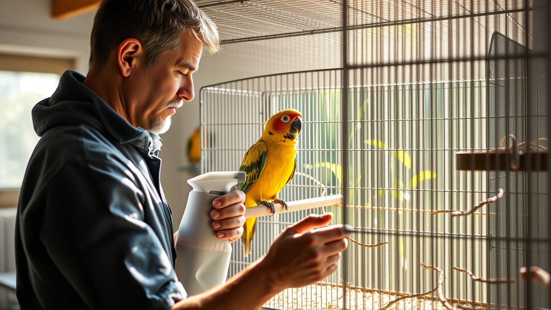 Bird owner cleaning a spacious cage with eco-friendly spray, fresh substrate and bright natural light streaming in.