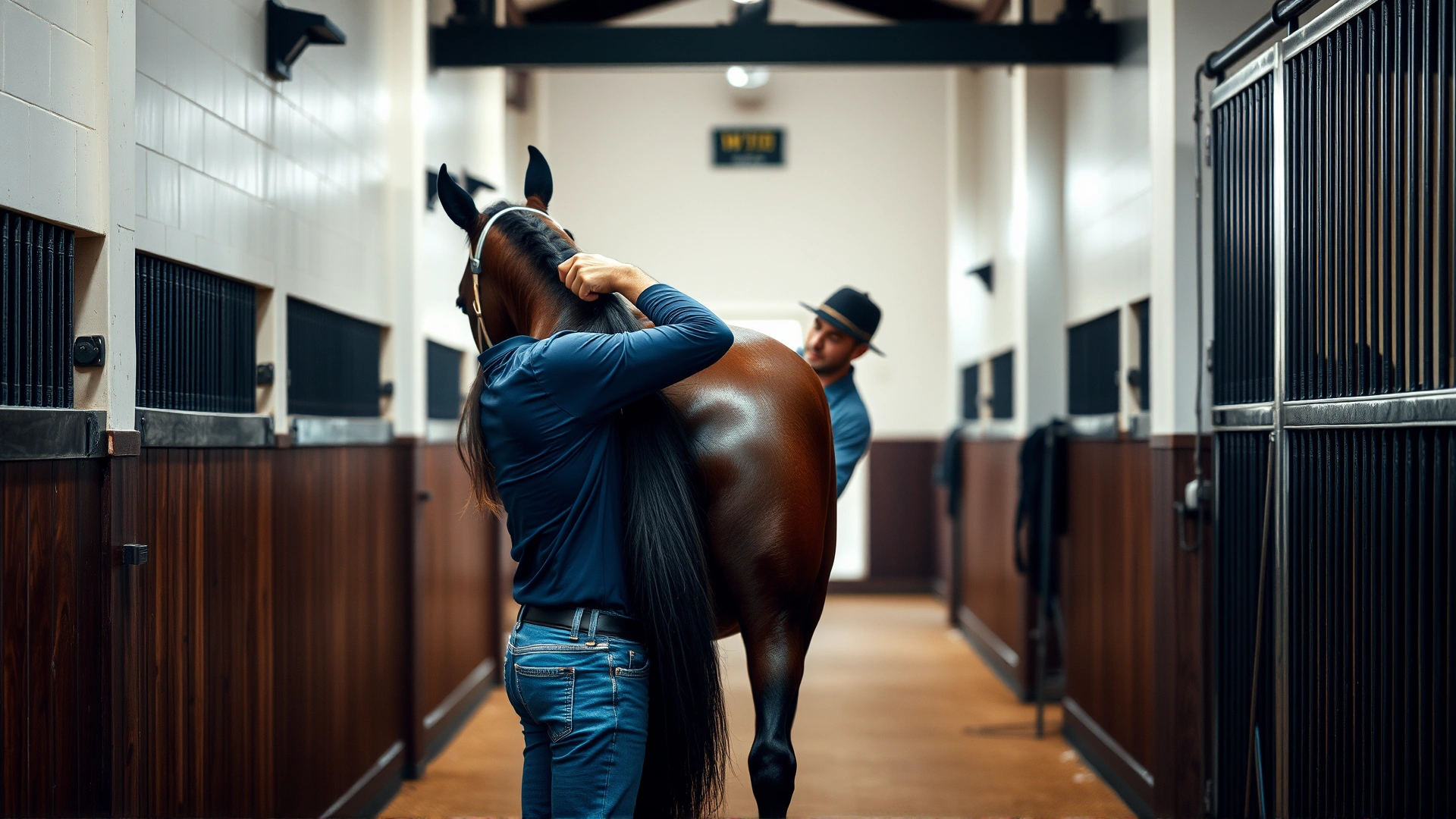 Stable scene showing owner braiding and brushing horse’s tail in a clean, well-lit aisle