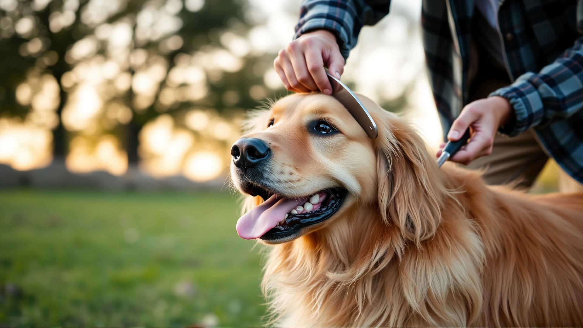 Happy owner brushing a golden retriever outdoors in soft evening light, dog’s coat looks healthy and shiny