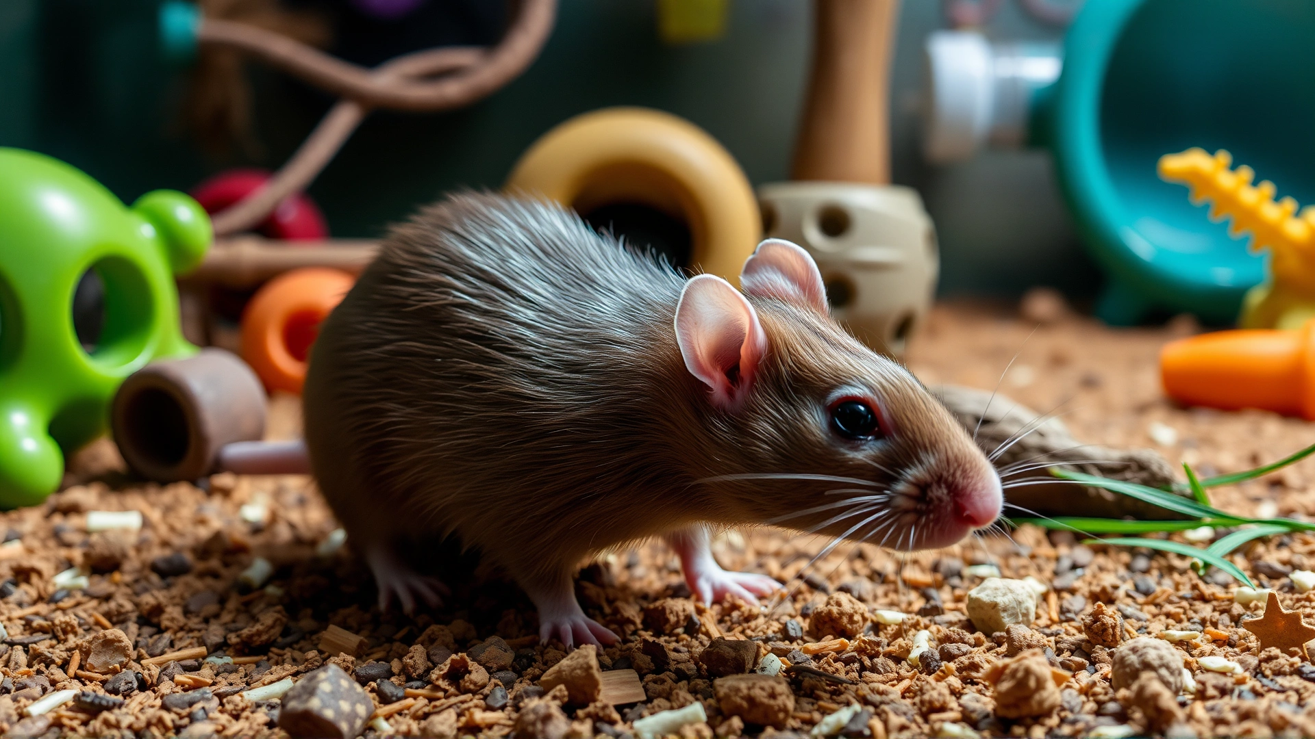 Pet rat exploring an enriched habitat with toys, proper bedding, and adequate humidity equipment in the background