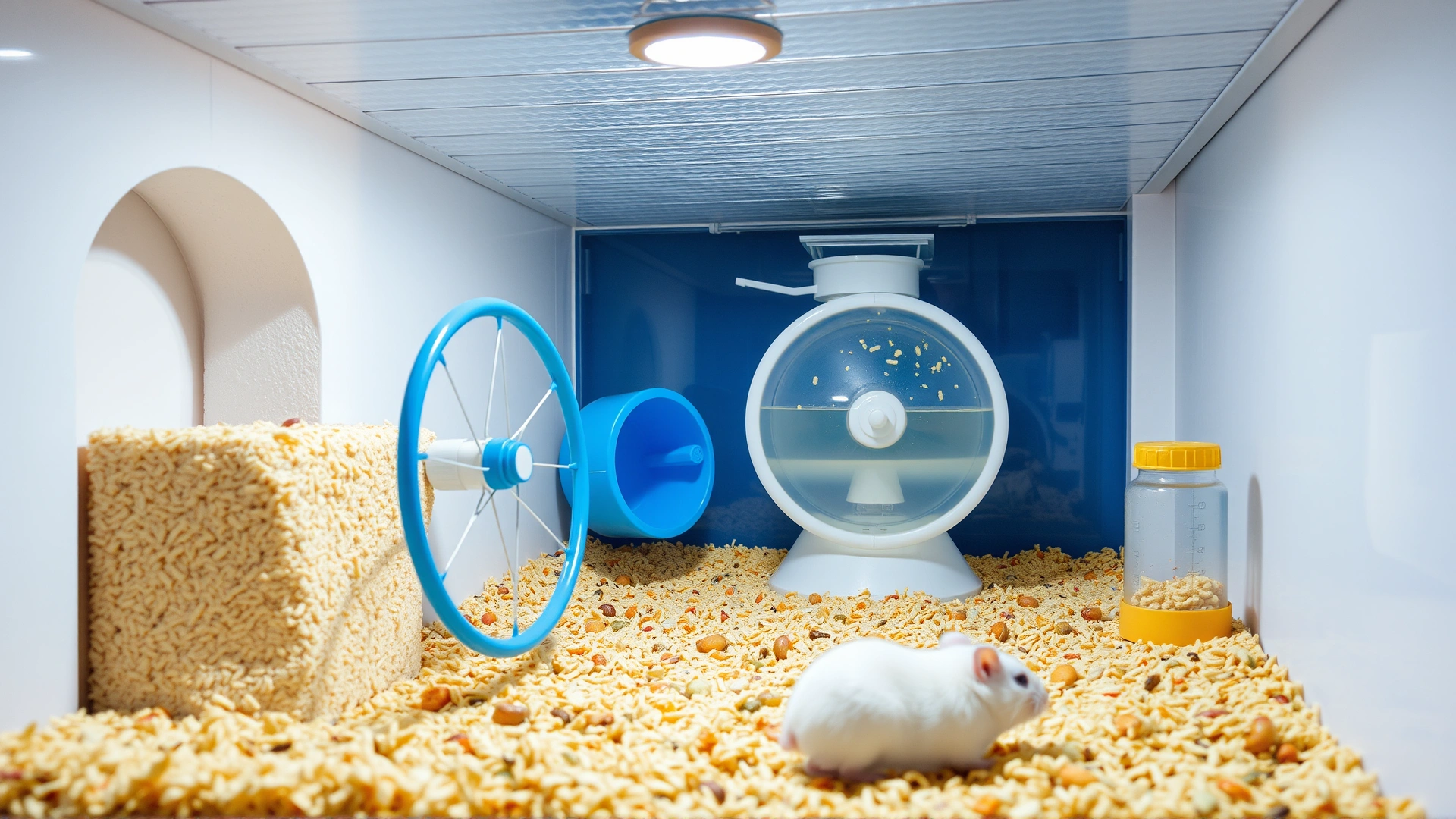 Clean, spacious gerbil habitat with fresh bedding, running wheel and water bottle, bright lighting